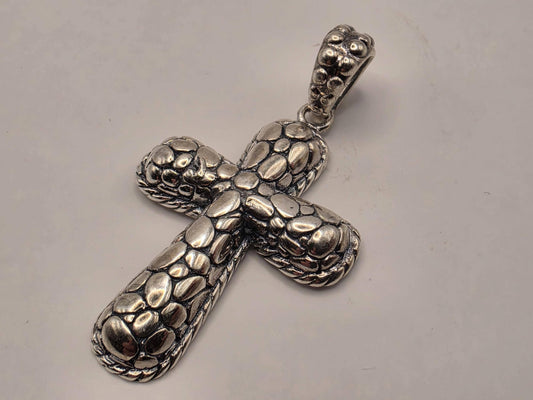 Sterling Silver Textured Cross Pendant 1.375 Inch 6.7 Grams Reptile Scale Design Unisex Religious Jewelry Gift