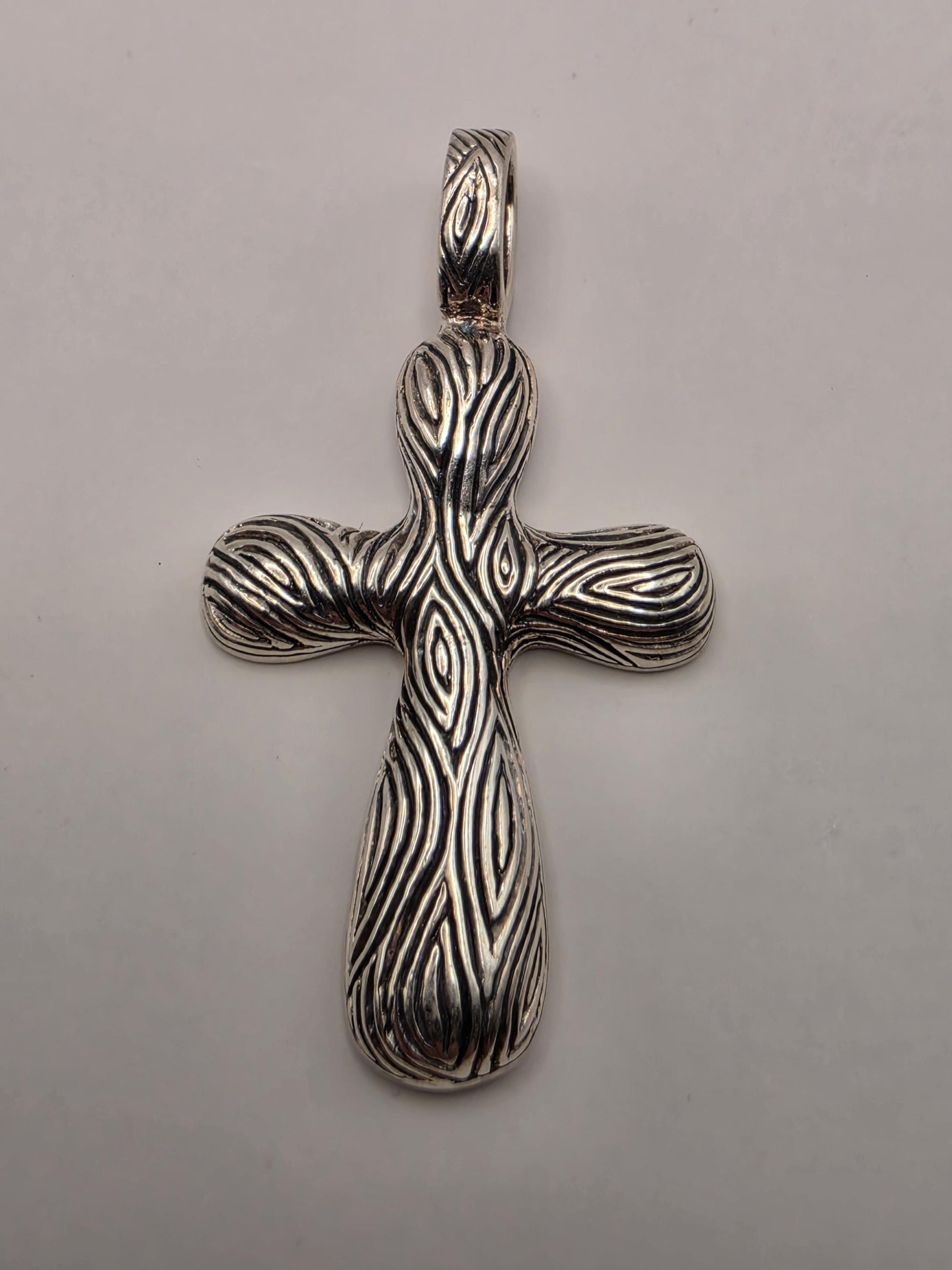 Sterling Silver Woodgrain Cross Pendant 1.375 Inch 4.8 Grams Organic Texture Unisex Religious Jewelry Gift