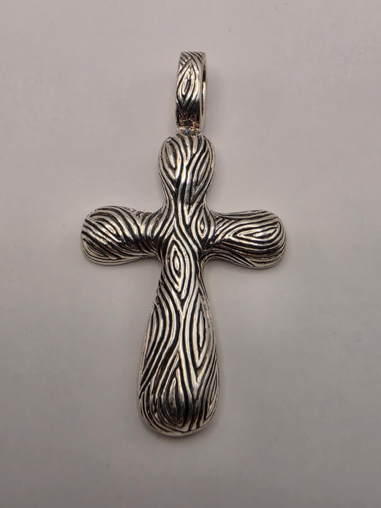 Sterling Silver Woodgrain Cross Pendant 1.375 Inch 4.8 Grams Organic Texture Unisex Religious Jewelry Gift