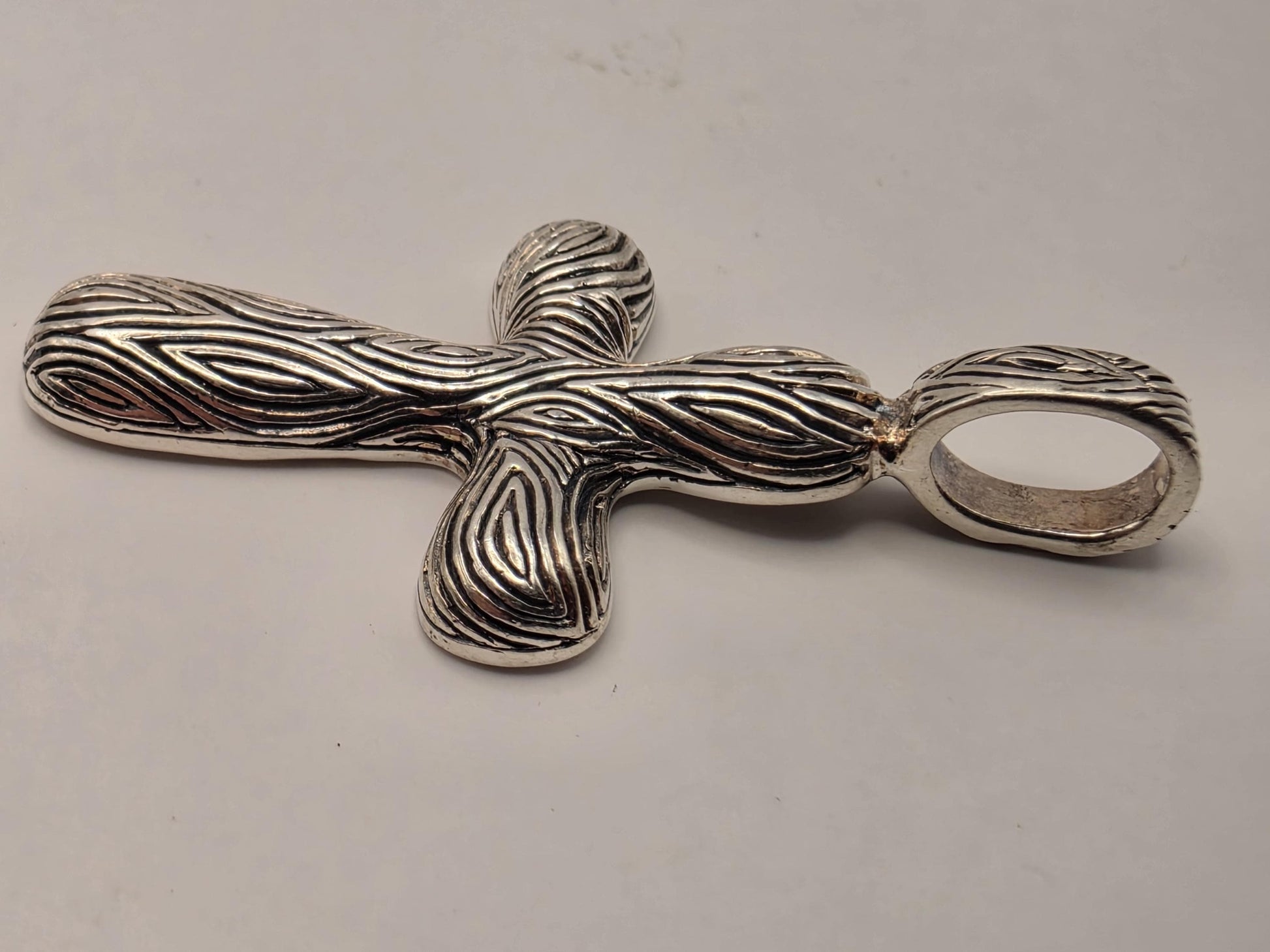 Sterling Silver Woodgrain Cross Pendant 1.375 Inch 4.8 Grams Organic Texture Unisex Religious Jewelry Gift