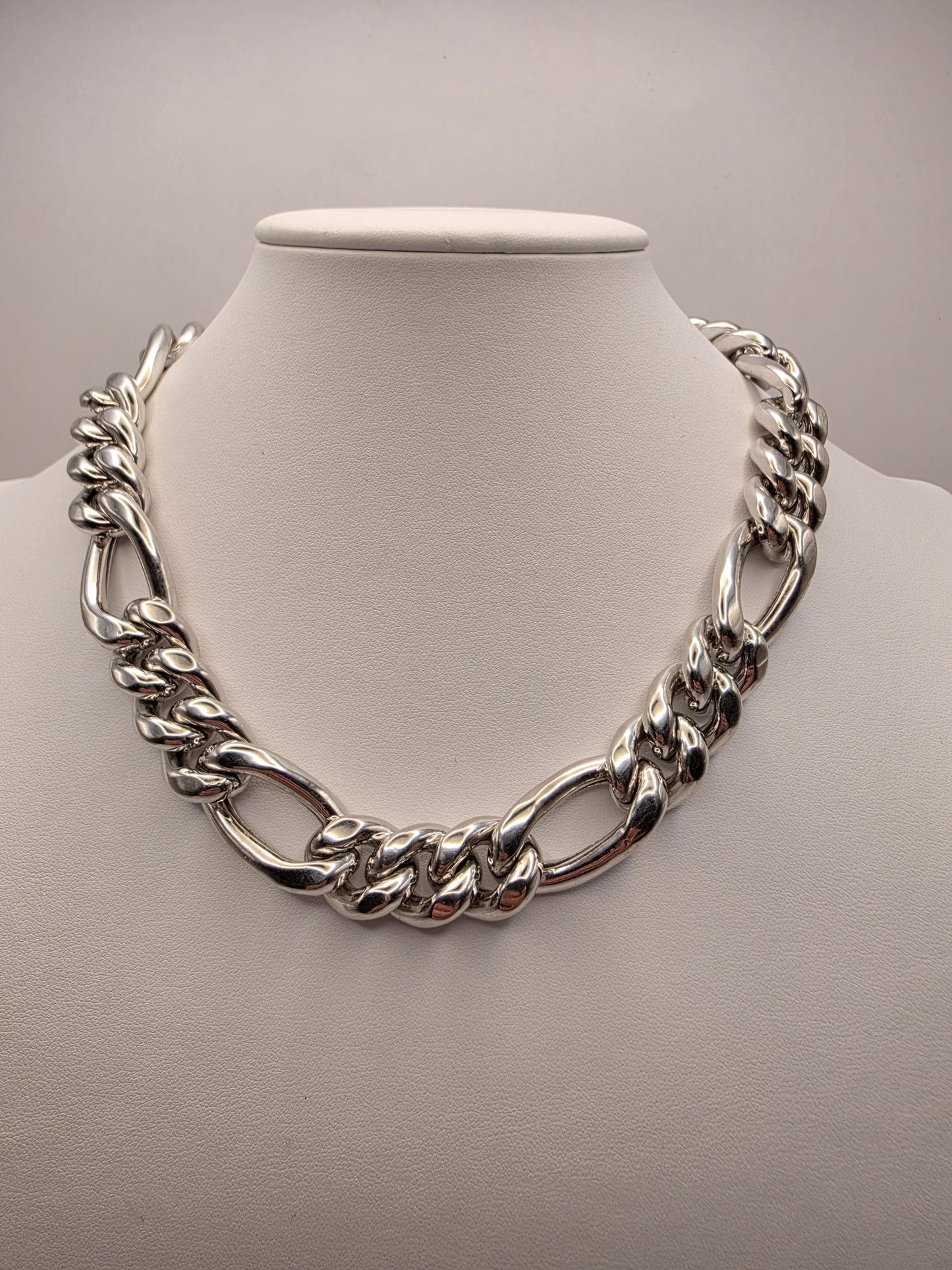 Heavy Sterling Silver Semi Hollow Figaro Chain Necklace 17.75 Inch 16.5mm 80.6 Grams Oversized Statement Jewelry