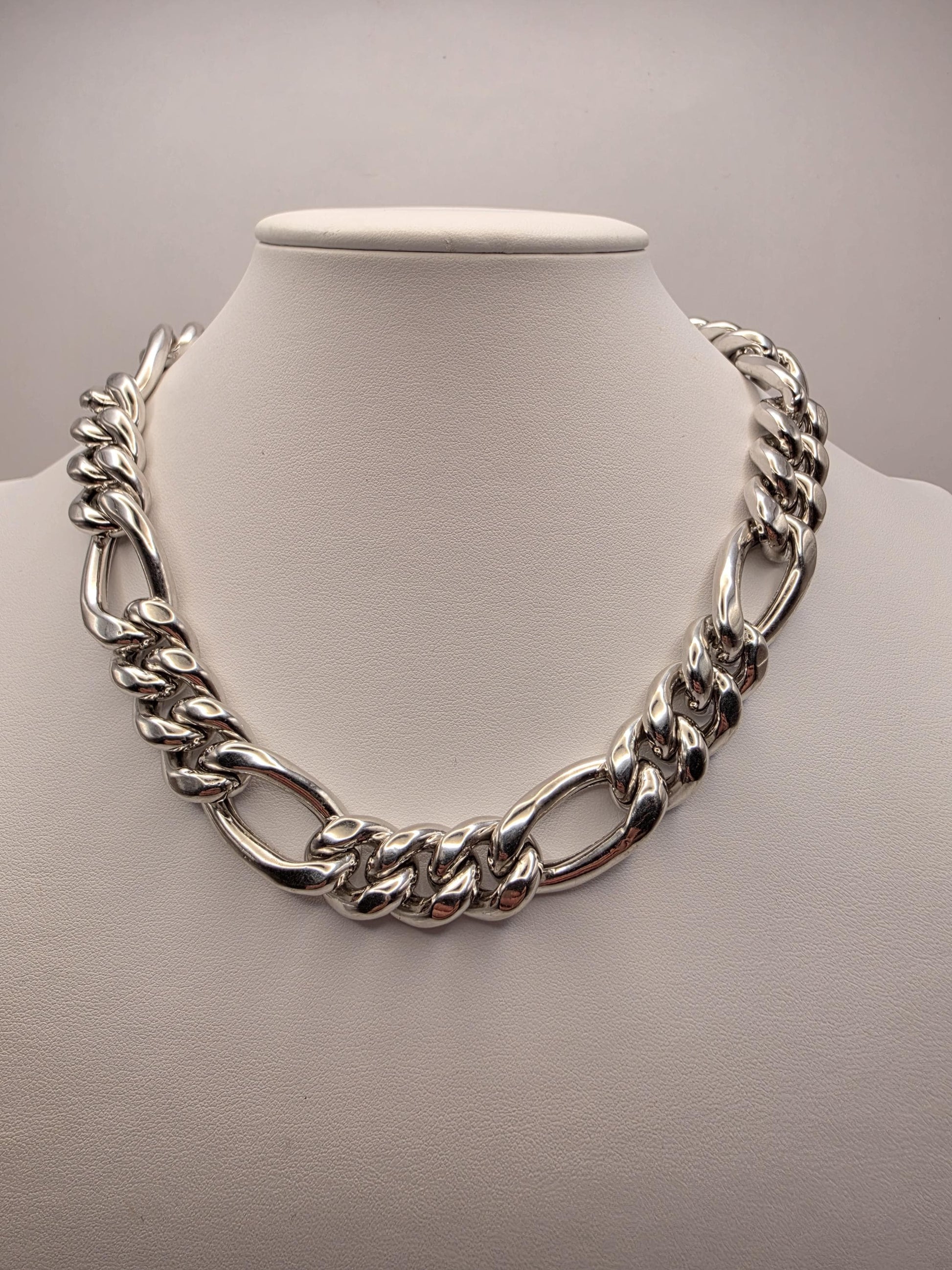 Heavy Sterling Silver Semi Hollow Figaro Chain Necklace 17.75 Inch 16.5mm 80.6 Grams Oversized Statement Jewelry