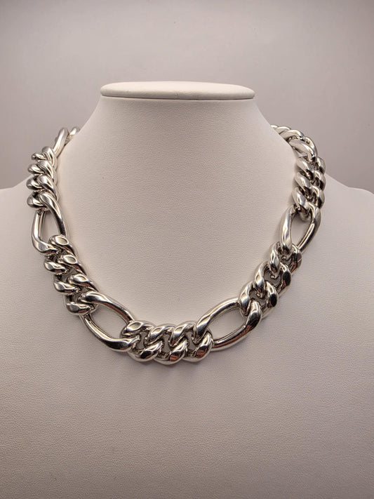 Heavy Sterling Silver Semi Hollow Figaro Chain Necklace 17.75 Inch 16.5mm 80.6 Grams Oversized Statement Jewelry