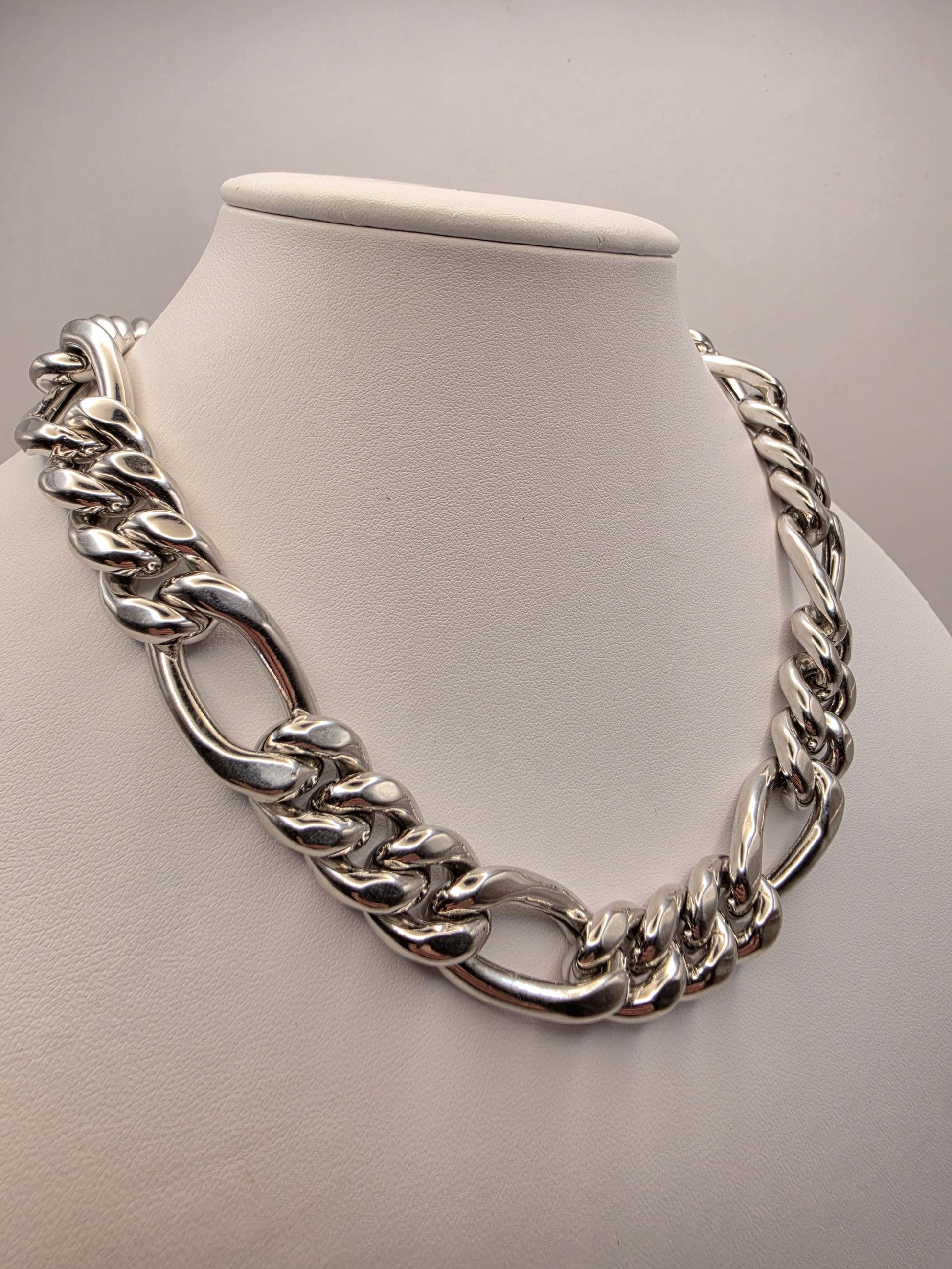 Heavy Sterling Silver Semi Hollow Figaro Chain Necklace 17.75 Inch 16.5mm 80.6 Grams Oversized Statement Jewelry