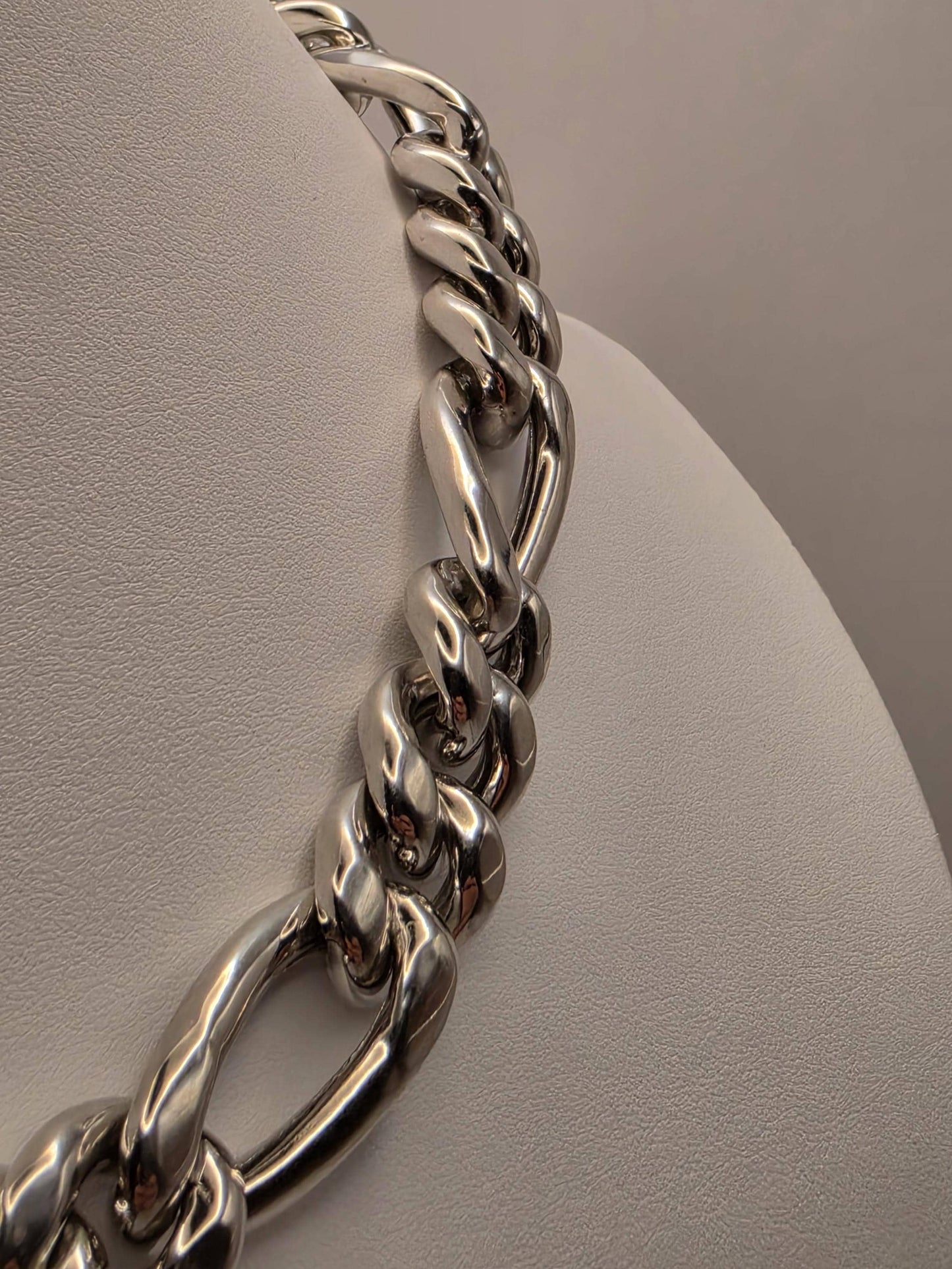 Heavy Sterling Silver Semi Hollow Figaro Chain Necklace 17.75 Inch 16.5mm 80.6 Grams Oversized Statement Jewelry