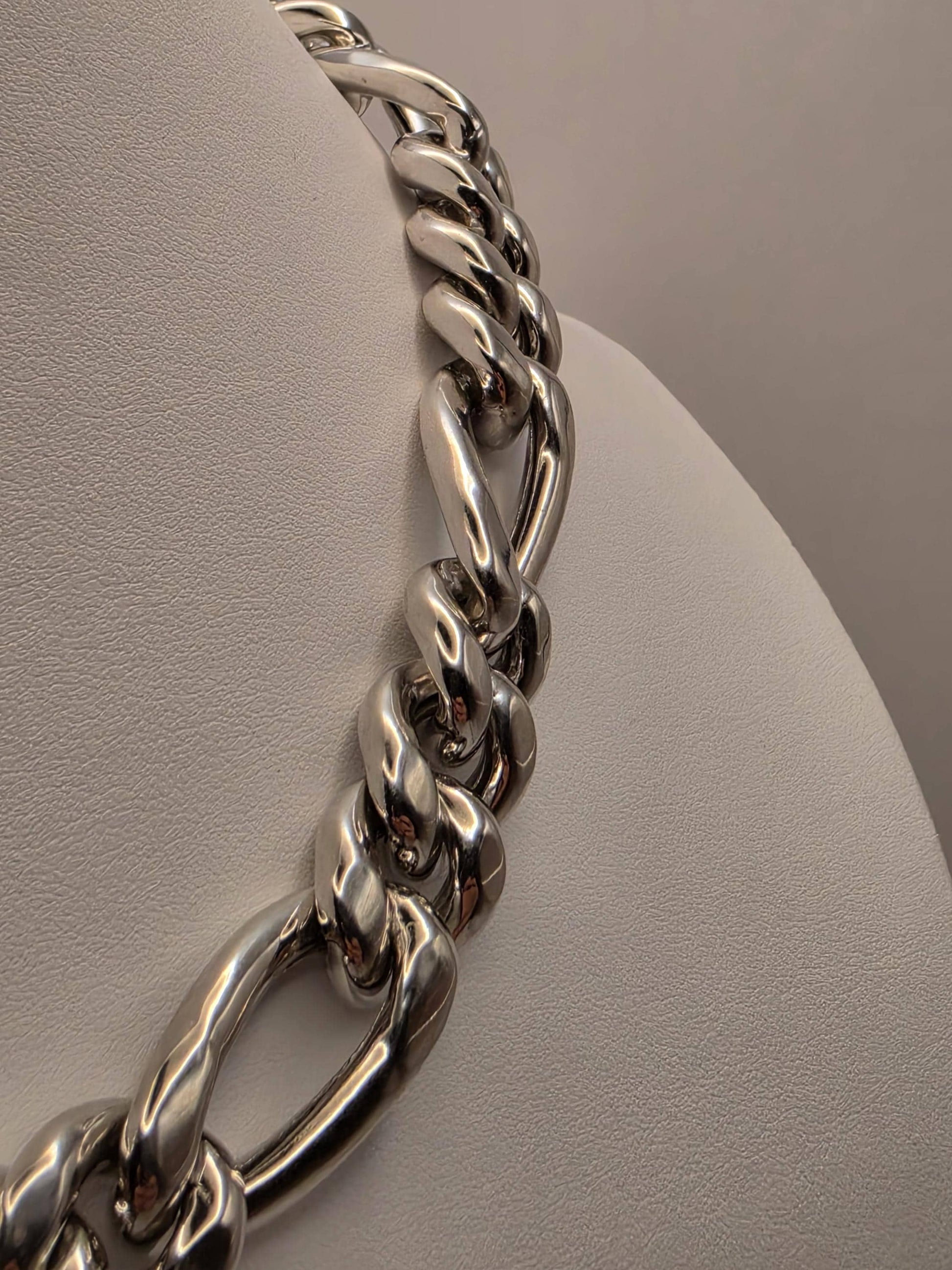 Heavy Sterling Silver Semi Hollow Figaro Chain Necklace 17.75 Inch 16.5mm 80.6 Grams Oversized Statement Jewelry