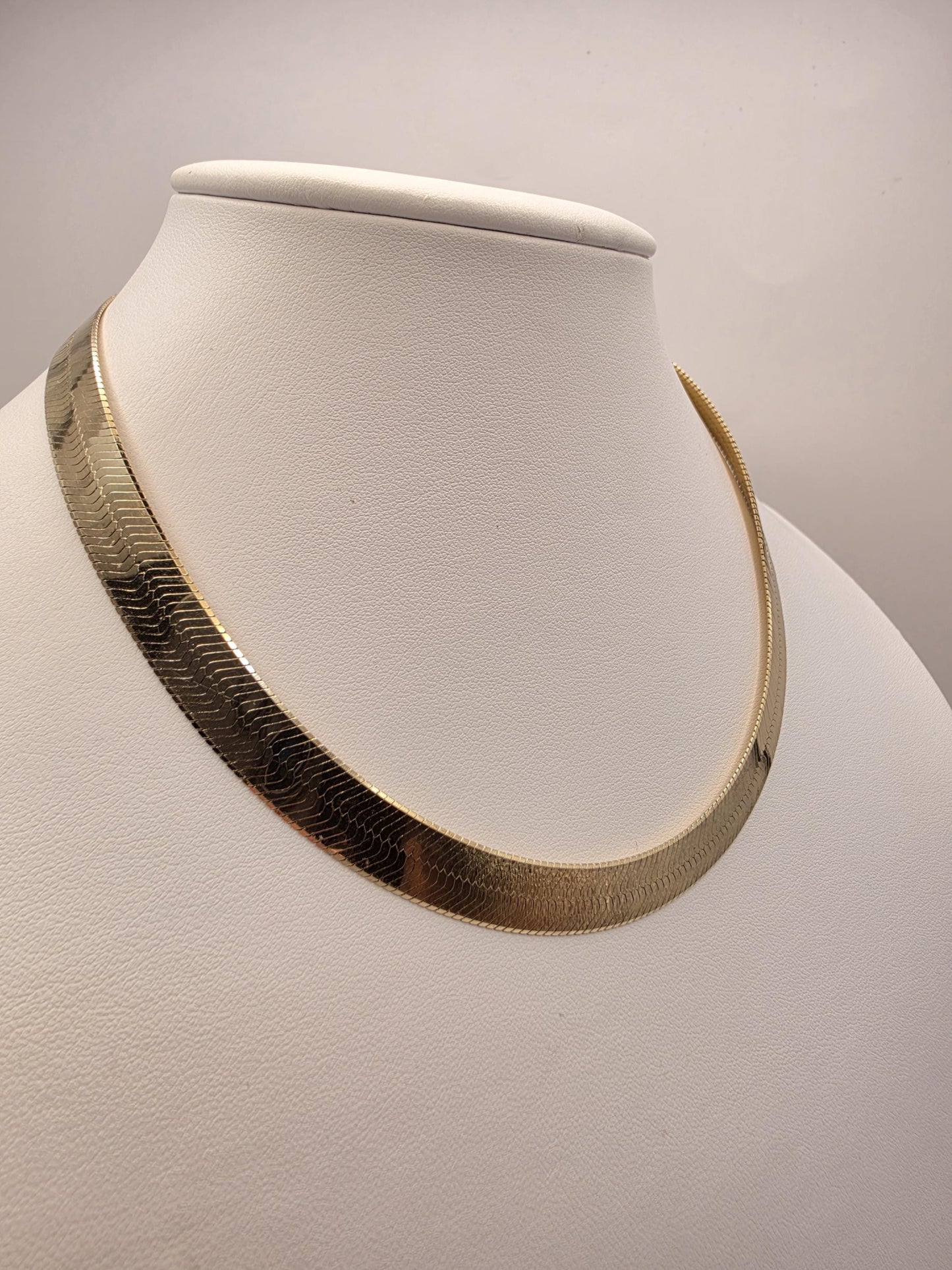 Gold Plated Sterling Silver Herringbone Chain Necklace 16 Inch 9.2mm 25.8 Grams Wide Flat Statement Jewelry
