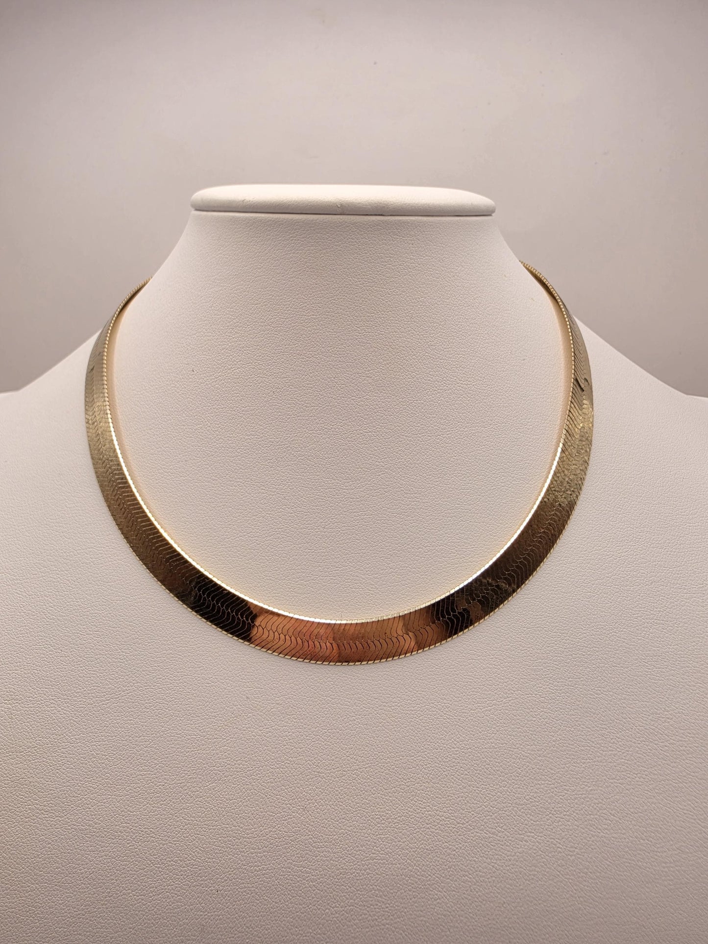 Gold Plated Sterling Silver Herringbone Chain Necklace 16 Inch 9.2mm 25.8 Grams Wide Flat Statement Jewelry