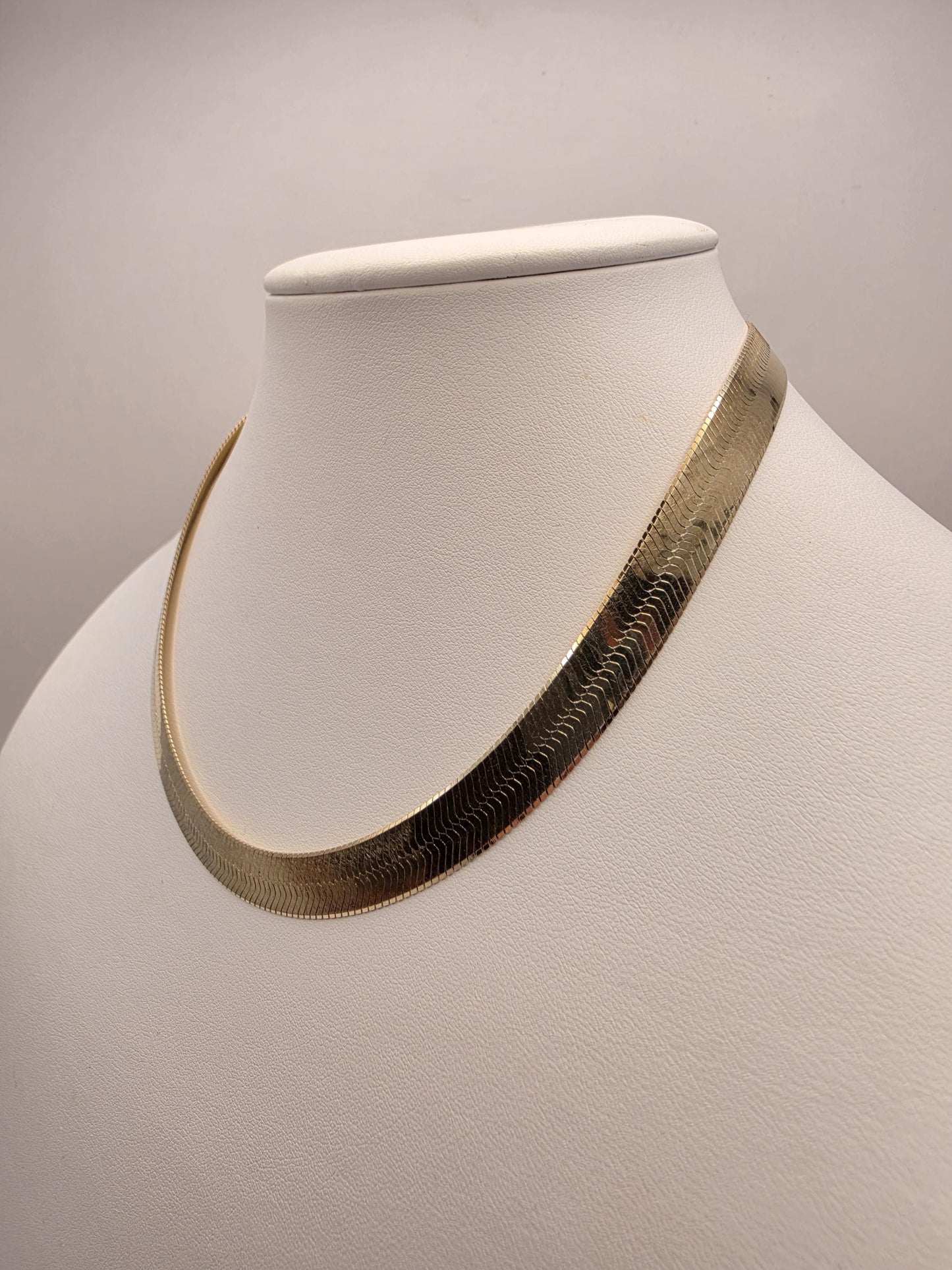 Gold Plated Sterling Silver Herringbone Chain Necklace 16 Inch 9.2mm 25.8 Grams Wide Flat Statement Jewelry
