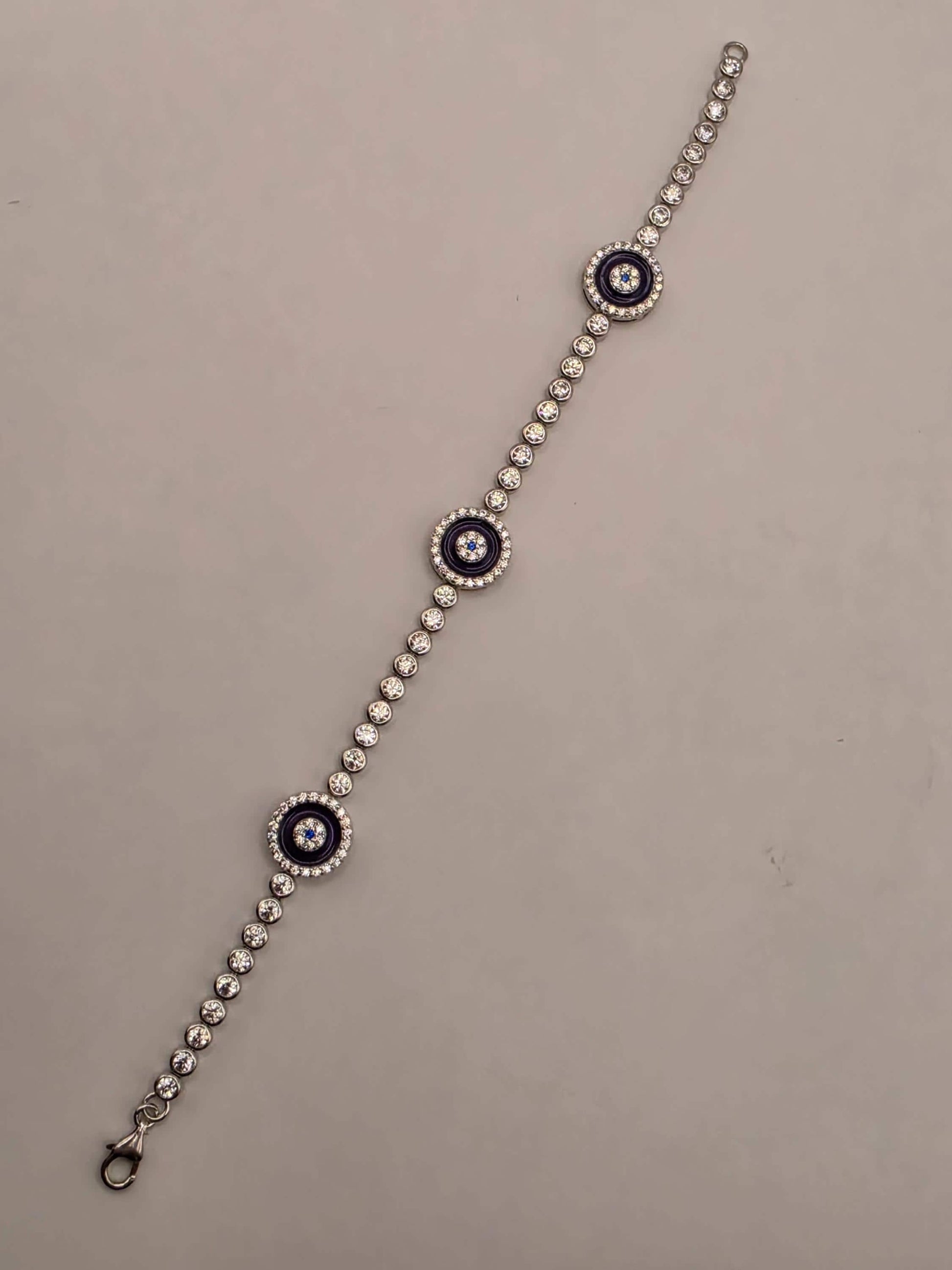 Sterling Silver Purple Evil Eye CZ Bracelet 7 Inch 11.1 Grams Three Station Nazar Tennis Style Protection Jewelry