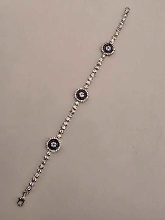 Sterling Silver Purple Evil Eye CZ Bracelet 7 Inch 11.1 Grams Three Station Nazar Tennis Style Protection Jewelry