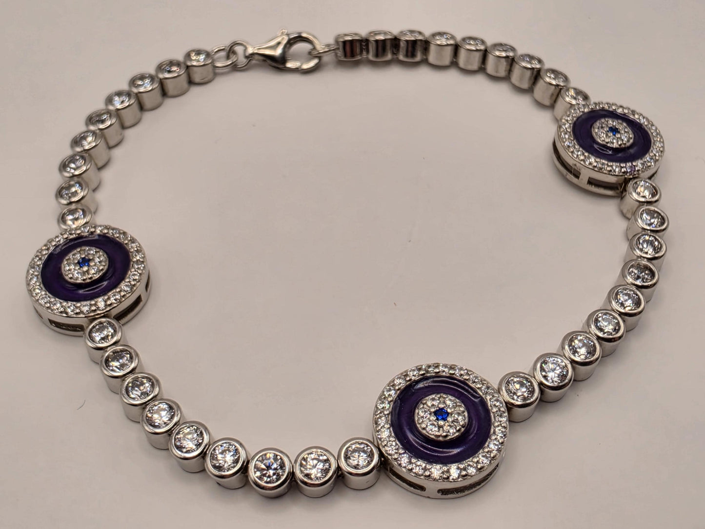 Sterling Silver Purple Evil Eye CZ Bracelet 7 Inch 11.1 Grams Three Station Nazar Tennis Style Protection Jewelry