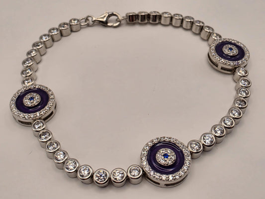 Sterling Silver Purple Evil Eye CZ Bracelet 7 Inch 11.1 Grams Three Station Nazar Tennis Style Protection Jewelry