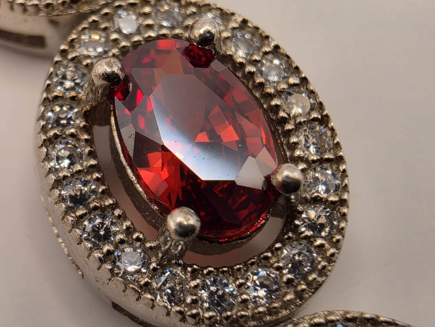 Sterling Silver Natural Garnet CZ Halo Tennis Bracelet 7 Inch 8.5mm 16 Grams Oval Red Gemstone Statement Jewelry