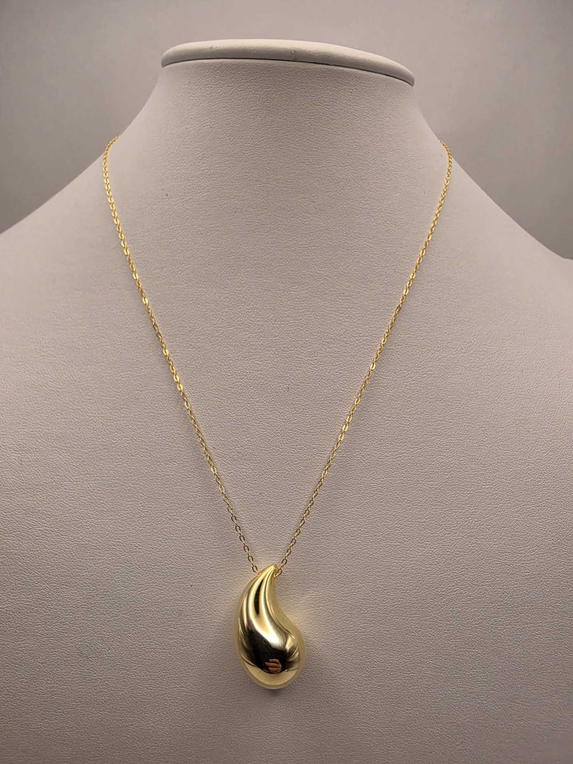 Gold Plated Sterling Silver Puffy Teardrop Pendant Necklace 18 Inch 4.6 Grams Minimalist Sculptural Jewelry