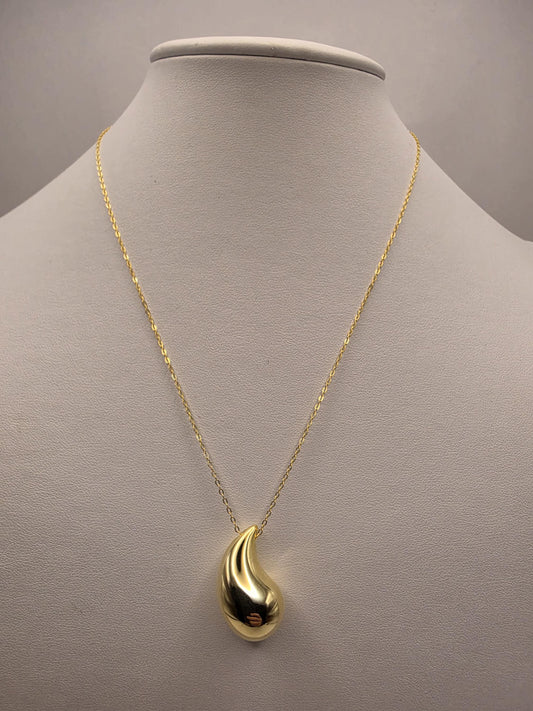 Gold Plated Sterling Silver Puffy Teardrop Pendant Necklace 18 Inch 4.6 Grams Minimalist Sculptural Jewelry