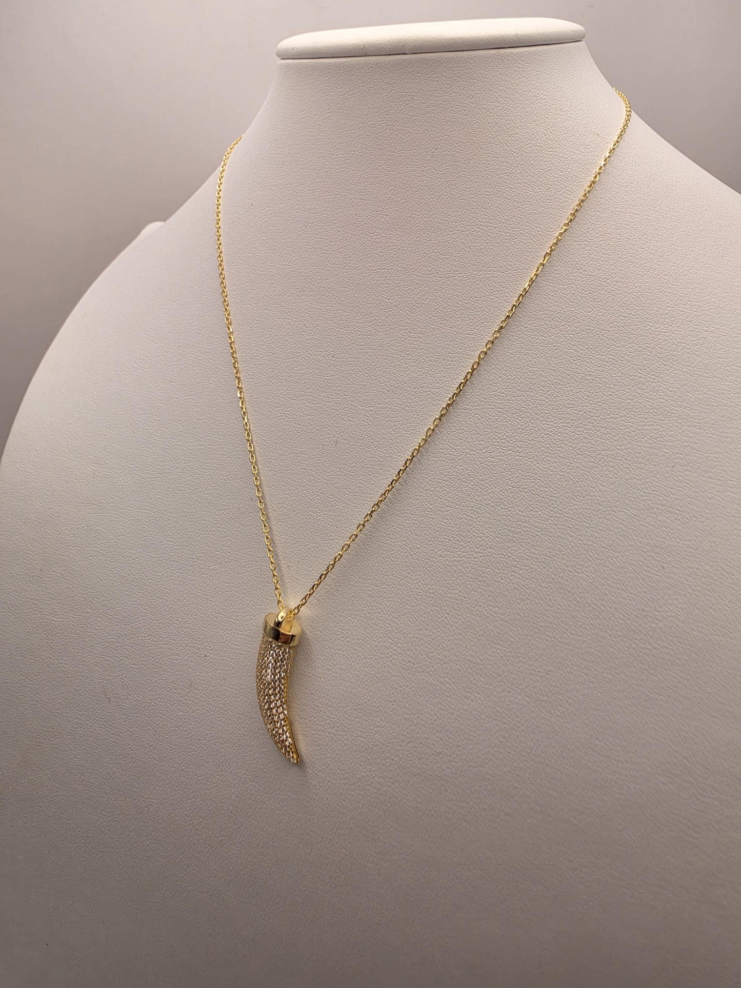 Gold Plated Sterling Silver Cornicello Necklace 17 Inch Italian Horn Good Luck Amulet Two Tone Mesh Pendant 4.9g