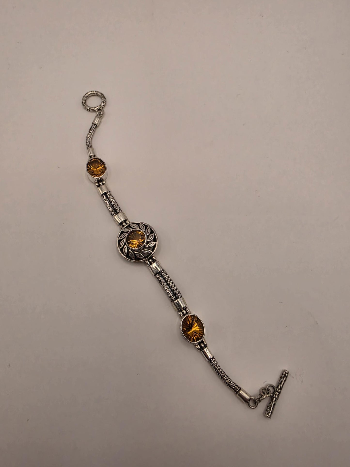 Sterling Silver Natural Citrine Toggle Bracelet 7.5 Inch 20 Grams Three Stone Textured Statement Gemstone Jewelry
