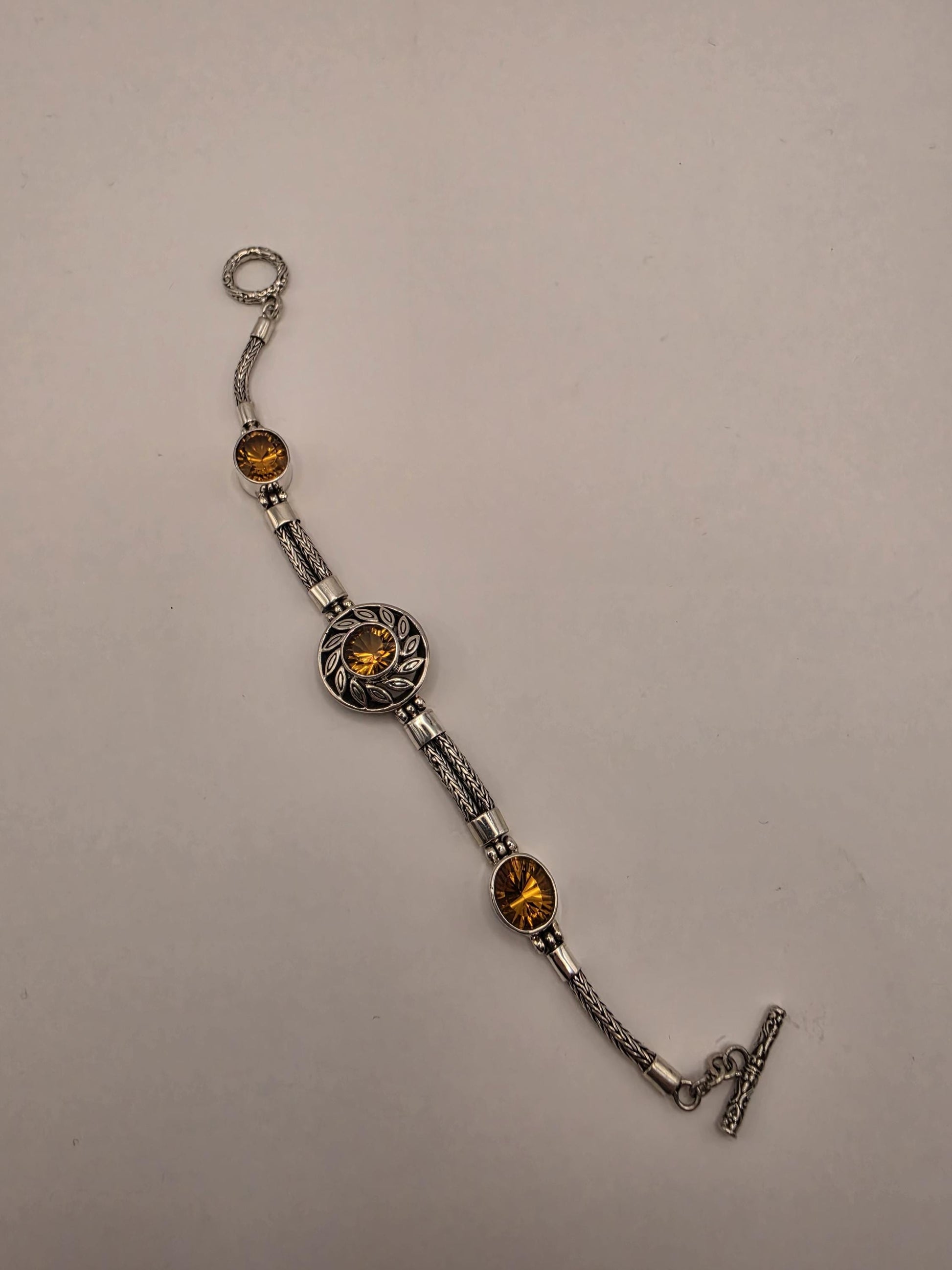 Sterling Silver Natural Citrine Toggle Bracelet 7.5 Inch 20 Grams Three Stone Textured Statement Gemstone Jewelry