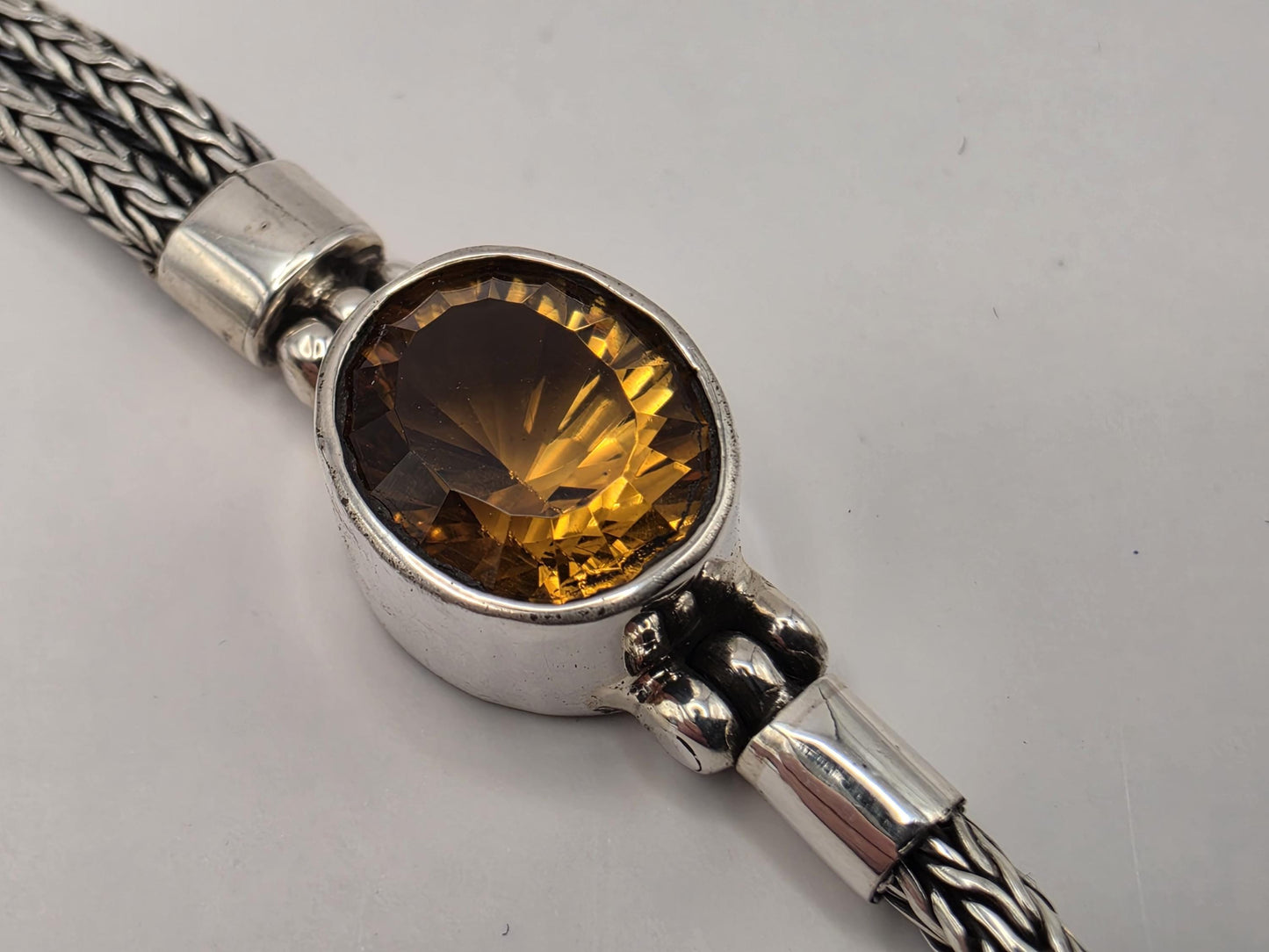 Sterling Silver Natural Citrine Toggle Bracelet 7.5 Inch 20 Grams Three Stone Textured Statement Gemstone Jewelry