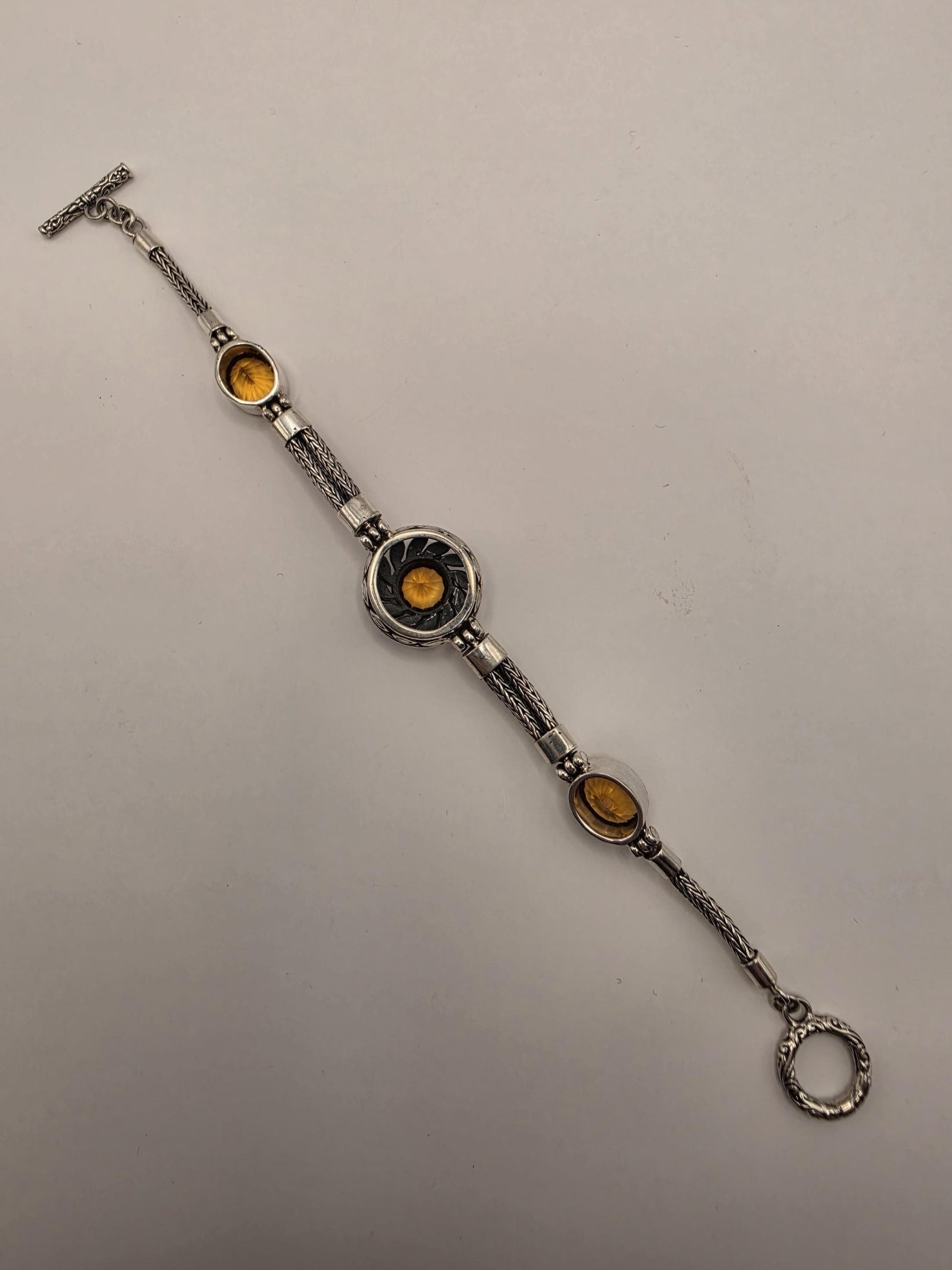 Sterling Silver Natural Citrine Toggle Bracelet 7.5 Inch 20 Grams Three Stone Textured Statement Gemstone Jewelry