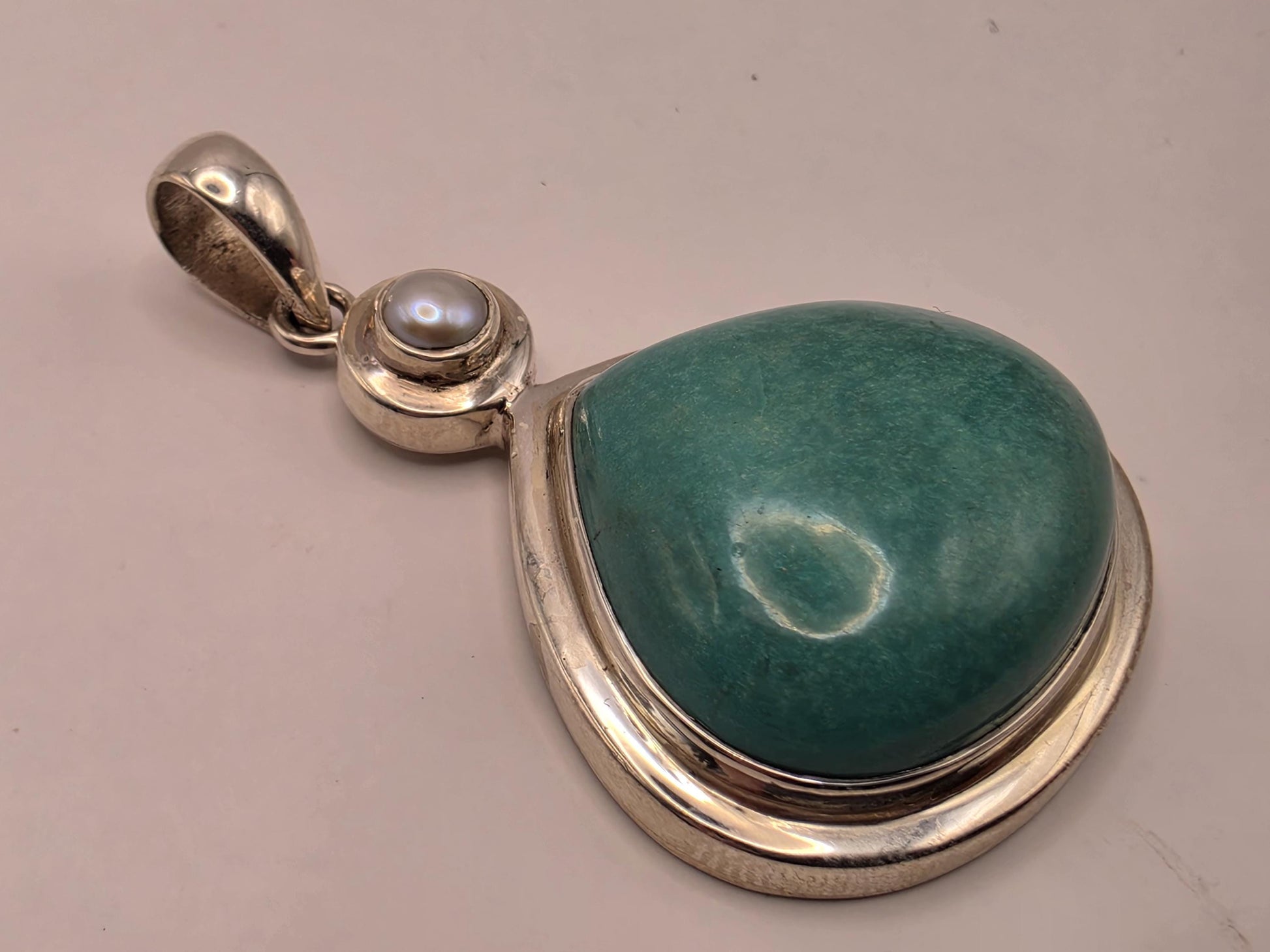 Sterling Silver Natural Turquoise Pearl Pendant 1.44 Inch 18.4 Grams Large Teardrop Gemstone Statement Jewelry
