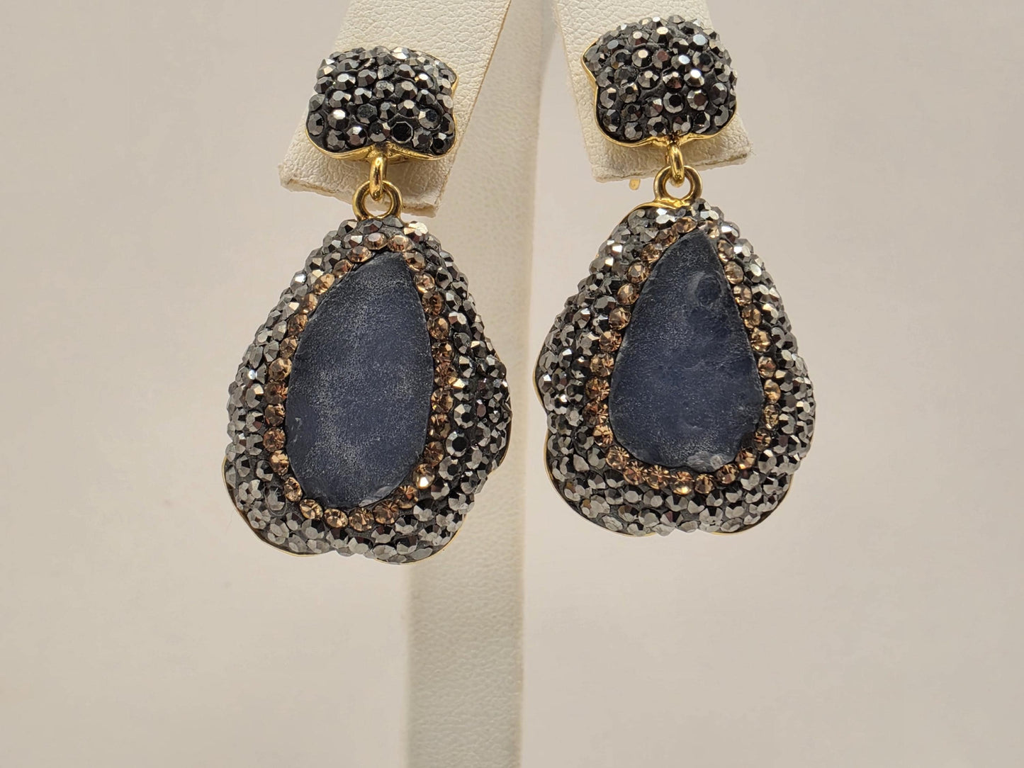 Gold Plated Sterling Silver Raw Blue Sapphire Marcasite Drop Earrings 1.5 Inch 12.4 Grams Statement Jewelry