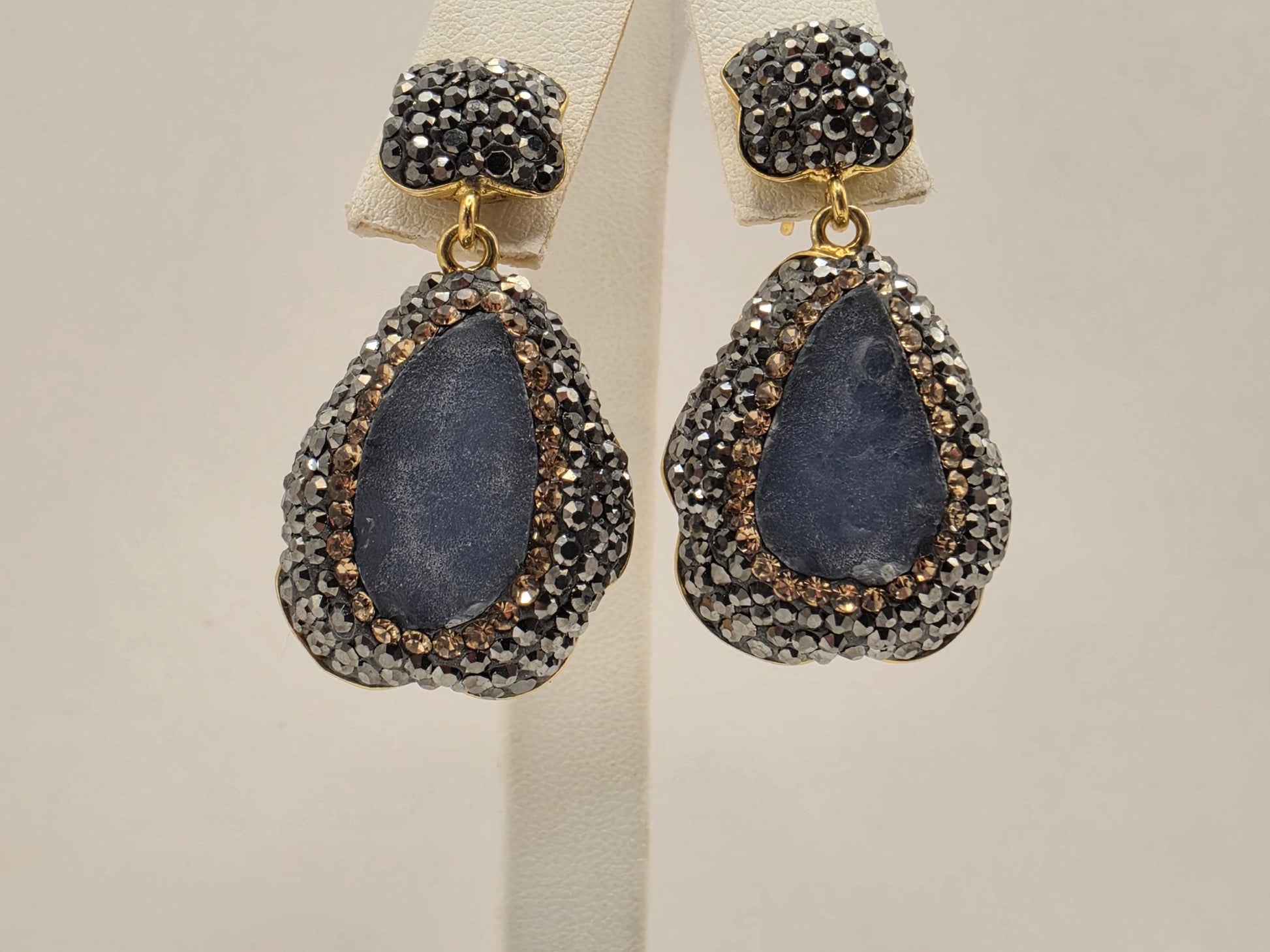 Gold Plated Sterling Silver Raw Blue Sapphire Marcasite Drop Earrings 1.5 Inch 12.4 Grams Statement Jewelry