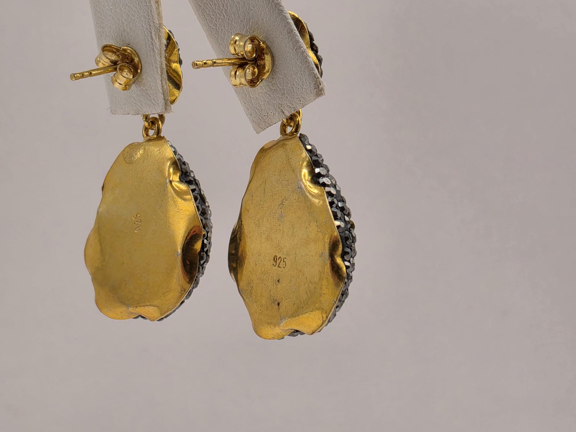 Gold Plated Sterling Silver Raw Blue Sapphire Marcasite Drop Earrings 1.5 Inch 12.4 Grams Statement Jewelry
