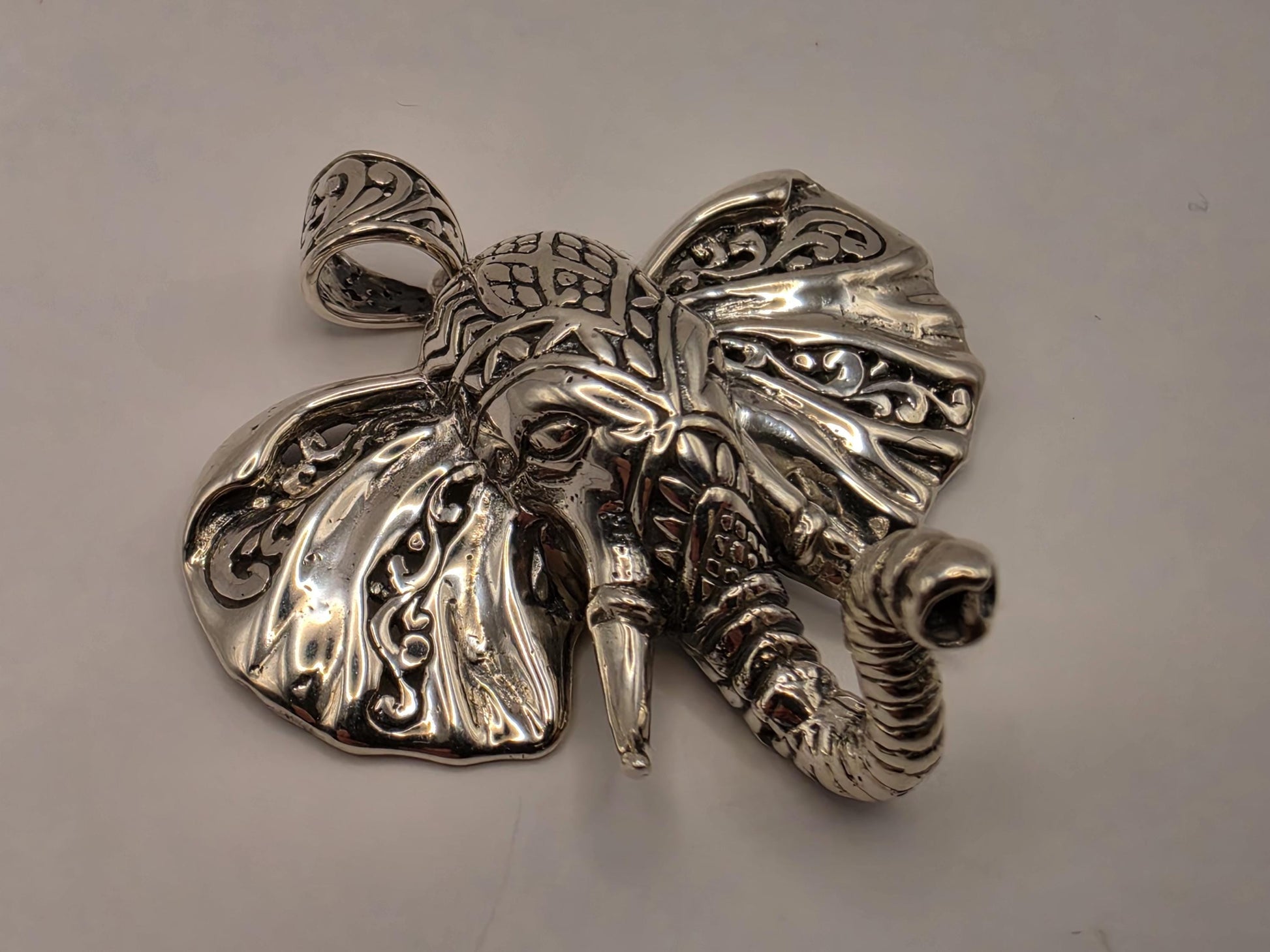 Sterling Silver Elephant Head Pendant Ornate Bali Scrollwork 1.5 Inch 9.9 Grams Trunk Down Animal Lover Statement Gift for Her