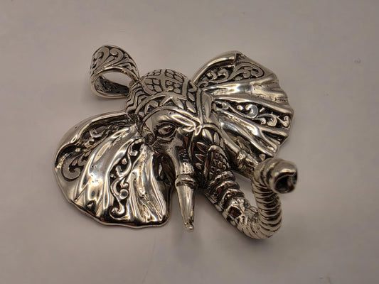 Sterling Silver Elephant Head Pendant Ornate Bali Scrollwork 1.5 Inch 9.9 Grams Trunk Down Animal Lover Statement Gift for Her