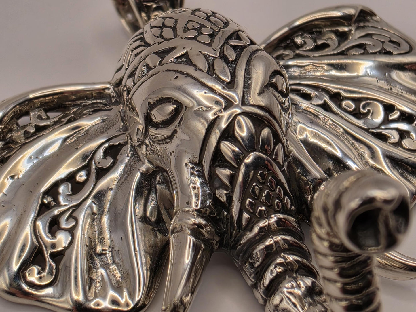 Sterling Silver Elephant Head Pendant Ornate Bali Scrollwork 1.5 Inch 9.9 Grams Trunk Down Animal Lover Statement Gift for Her
