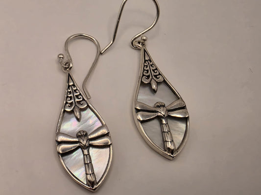 Mother of Pearl Dragonfly Earrings Sterling Silver Teardrop Inlay Dangle 1.25 Inch Bali Scrollwork Nature Gift for Her