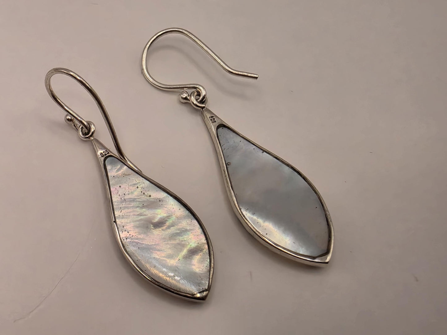 Mother of Pearl Dragonfly Earrings Sterling Silver Teardrop Inlay Dangle 1.25 Inch Bali Scrollwork Nature Gift for Her