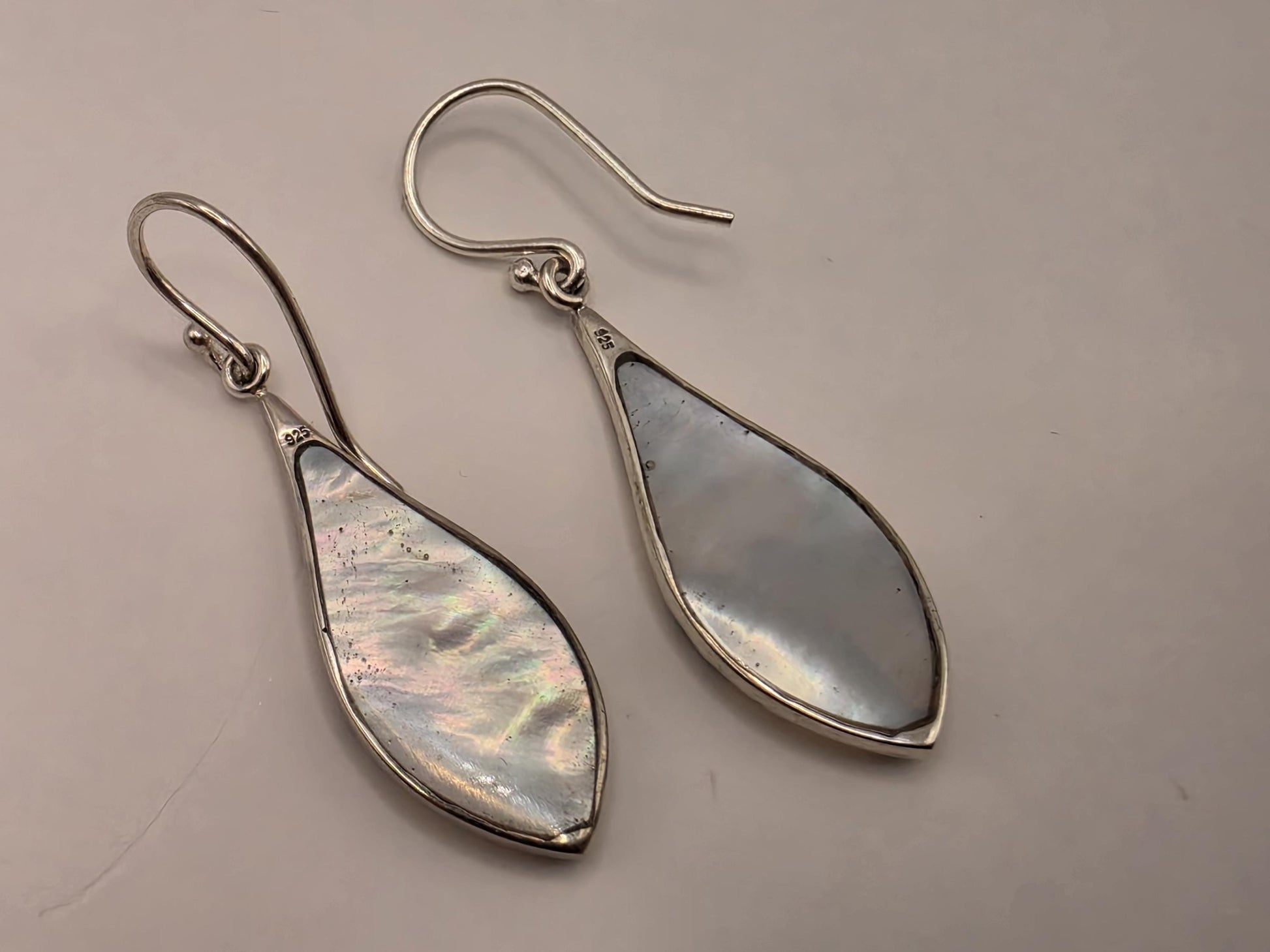Mother of Pearl Dragonfly Earrings Sterling Silver Teardrop Inlay Dangle 1.25 Inch Bali Scrollwork Nature Gift for Her