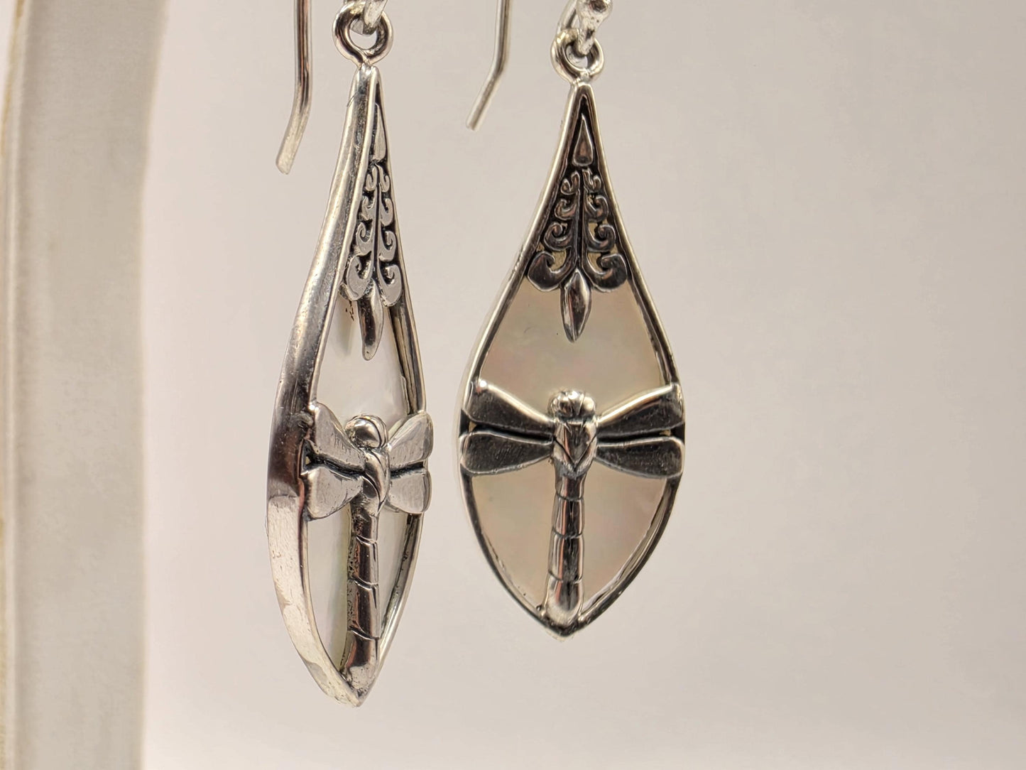 Mother of Pearl Dragonfly Earrings Sterling Silver Teardrop Inlay Dangle 1.25 Inch Bali Scrollwork Nature Gift for Her