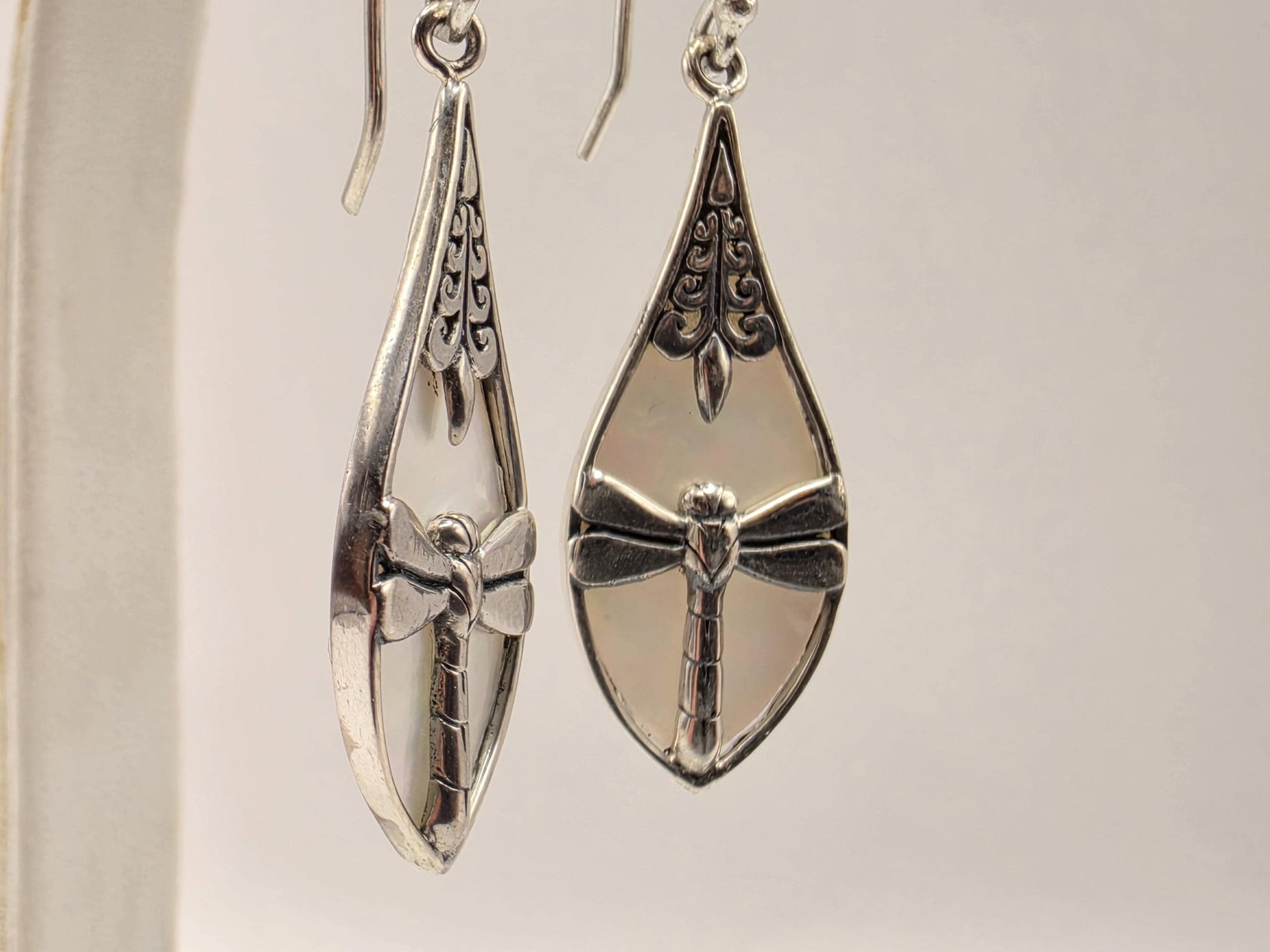Mother of Pearl Dragonfly Earrings Sterling Silver Teardrop Inlay Dangle 1.25 Inch Bali Scrollwork Nature Gift for Her