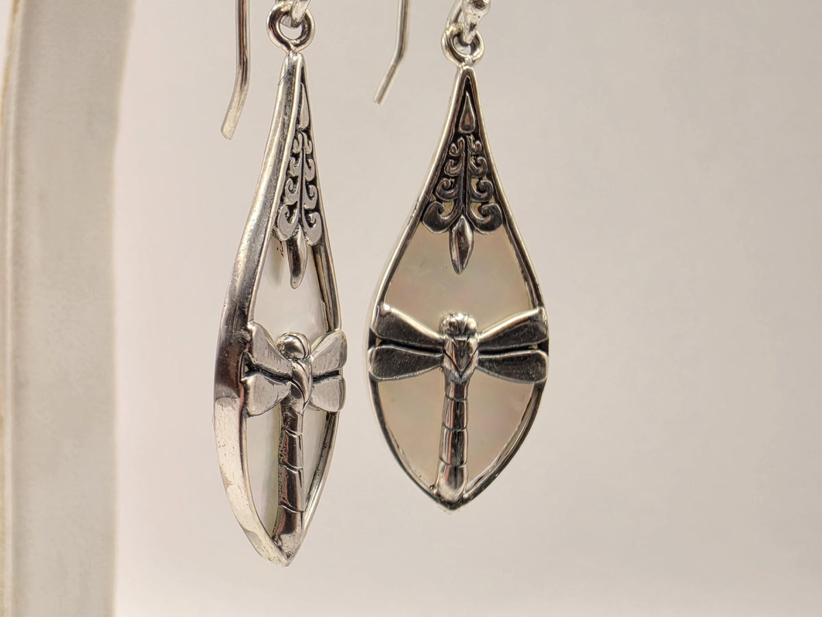 Mother of Pearl Dragonfly Earrings Sterling Silver Teardrop Inlay Dangle 1.25 Inch Bali Scrollwork Nature Gift for Her