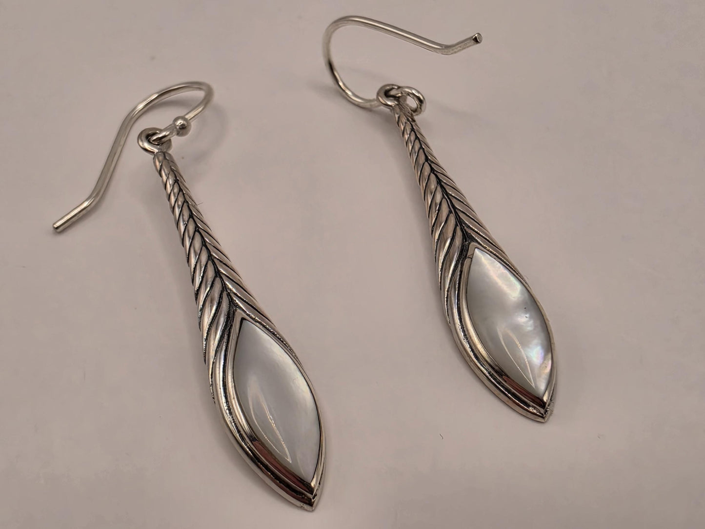 Mother of Pearl Earrings Sterling Silver Long Teardrop Twist Dangle 1.5 Inch Iridescent Shell Lightweight Gift for Her
