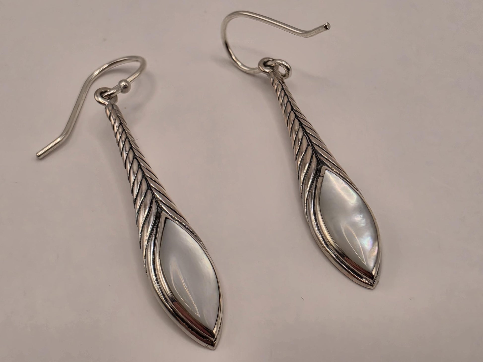 Mother of Pearl Earrings Sterling Silver Long Teardrop Twist Dangle 1.5 Inch Iridescent Shell Lightweight Gift for Her