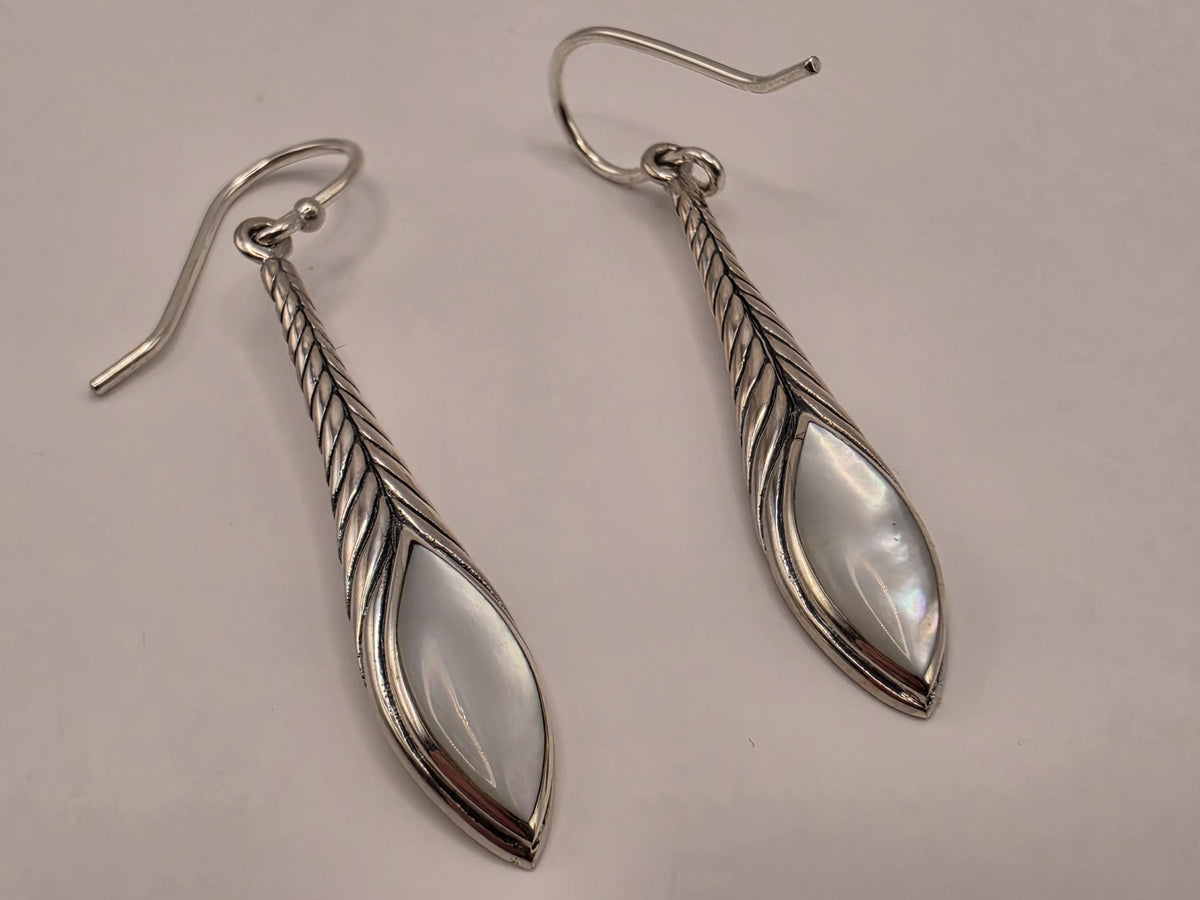 Mother of Pearl Earrings Sterling Silver Long Teardrop Twist Dangle 1.5 Inch Iridescent Shell Lightweight Gift for Her
