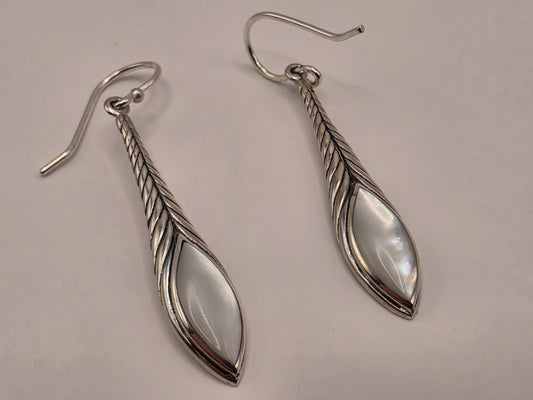 Mother of Pearl Earrings Sterling Silver Long Teardrop Twist Dangle 1.5 Inch Iridescent Shell Lightweight Gift for Her