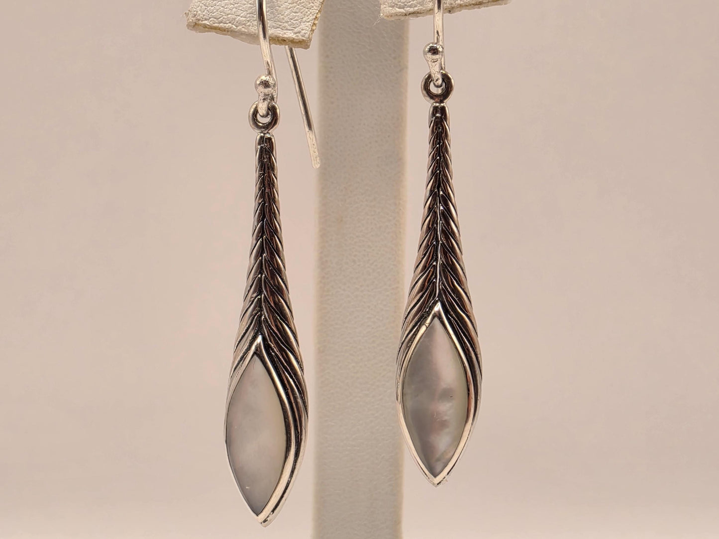 Mother of Pearl Earrings Sterling Silver Long Teardrop Twist Dangle 1.5 Inch Iridescent Shell Lightweight Gift for Her