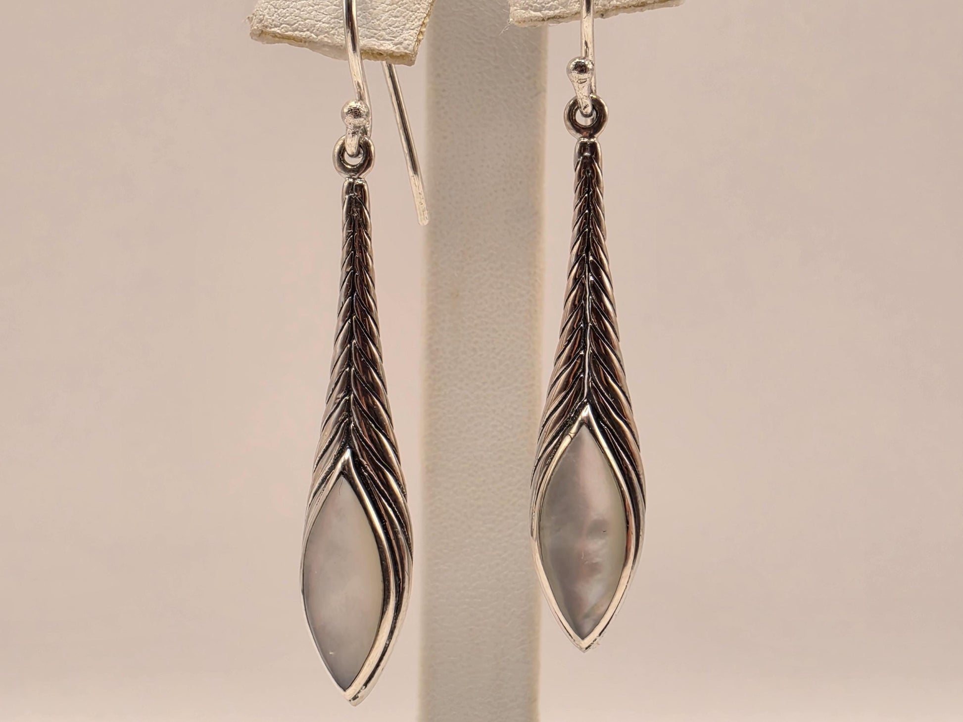 Mother of Pearl Earrings Sterling Silver Long Teardrop Twist Dangle 1.5 Inch Iridescent Shell Lightweight Gift for Her