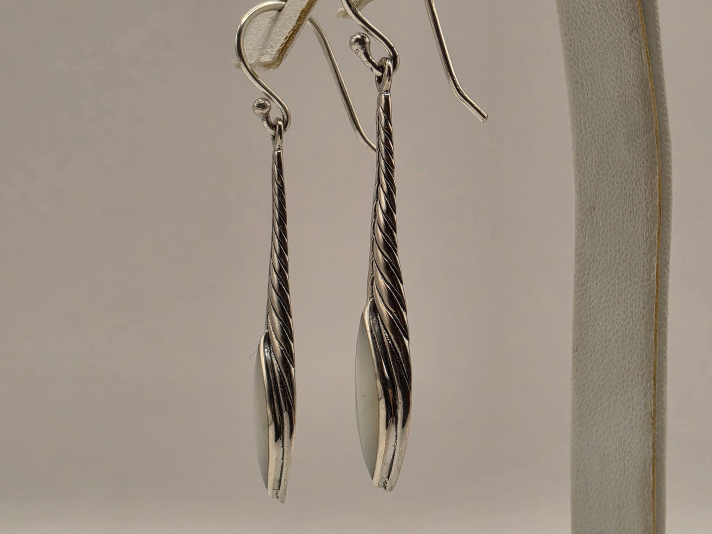 Mother of Pearl Earrings Sterling Silver Long Teardrop Twist Dangle 1.5 Inch Iridescent Shell Lightweight Gift for Her