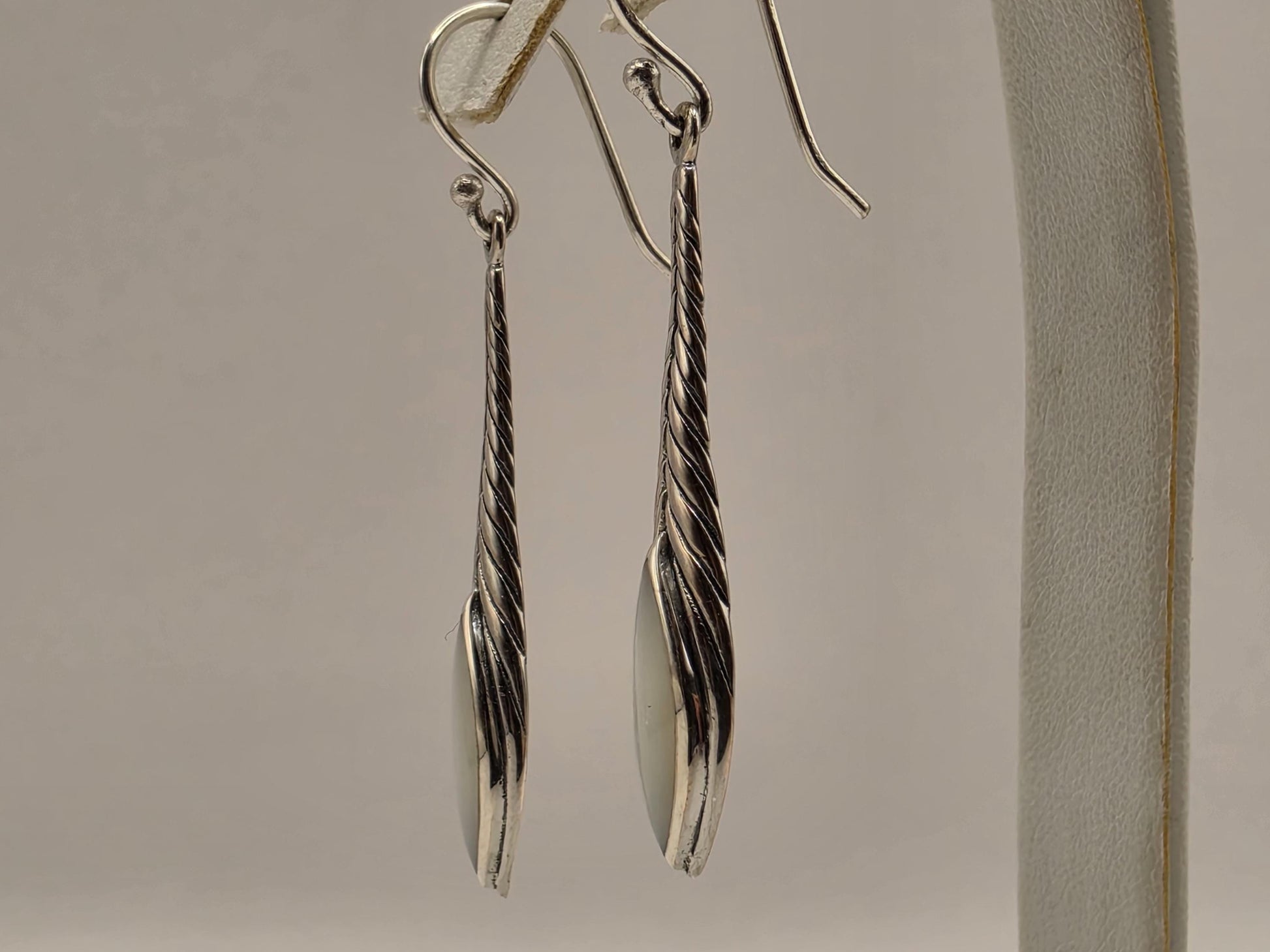 Mother of Pearl Earrings Sterling Silver Long Teardrop Twist Dangle 1.5 Inch Iridescent Shell Lightweight Gift for Her