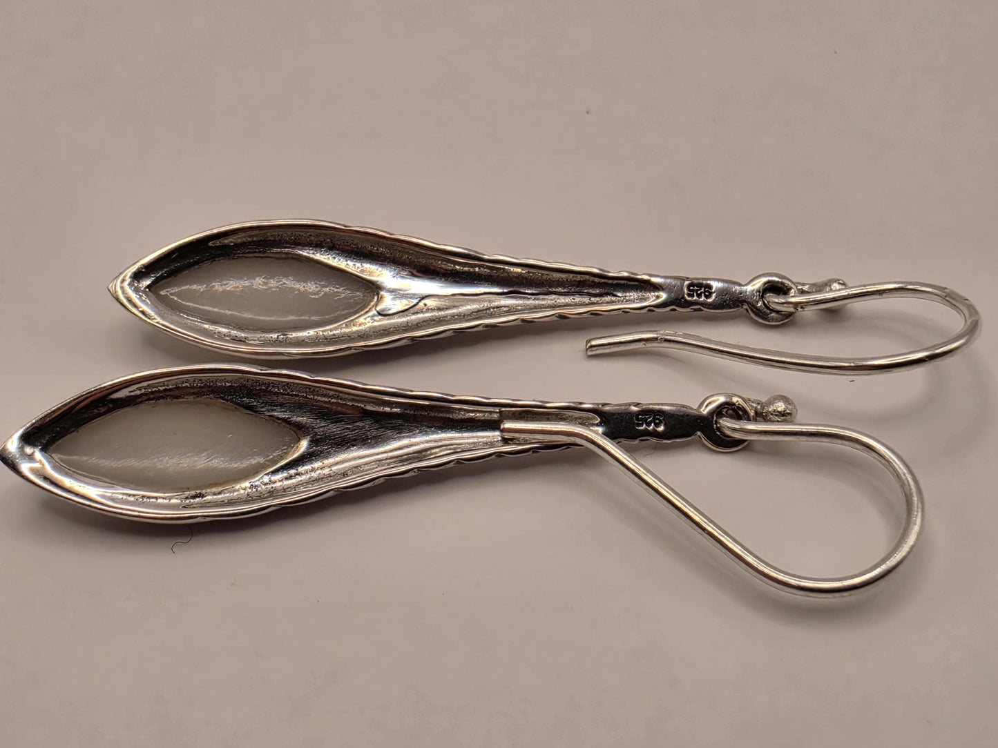 Mother of Pearl Earrings Sterling Silver Long Teardrop Twist Dangle 1.5 Inch Iridescent Shell Lightweight Gift for Her