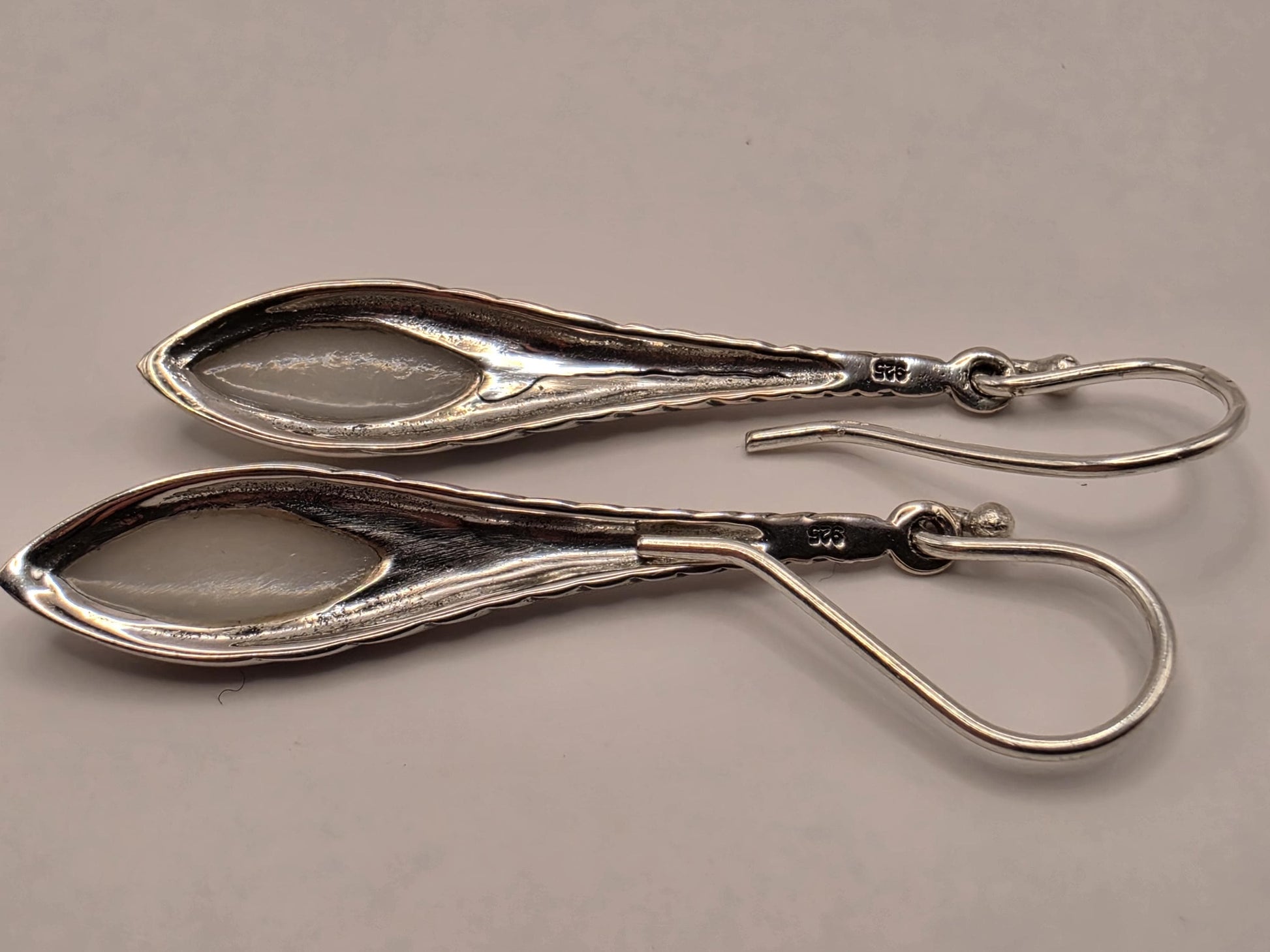 Mother of Pearl Earrings Sterling Silver Long Teardrop Twist Dangle 1.5 Inch Iridescent Shell Lightweight Gift for Her