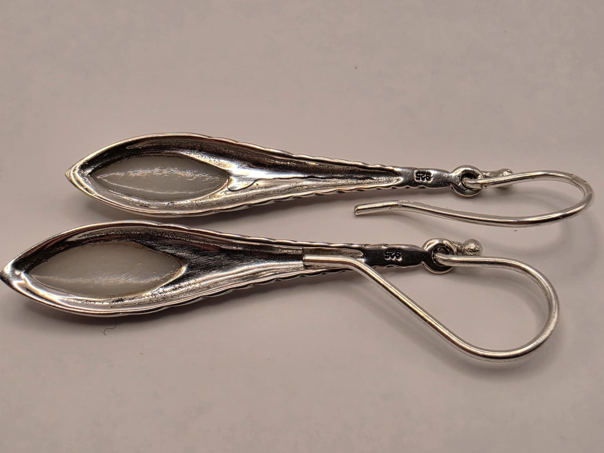 Mother of Pearl Earrings Sterling Silver Long Teardrop Twist Dangle 1.5 Inch Iridescent Shell Lightweight Gift for Her