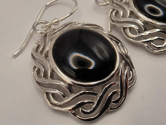 Black Onyx Earrings Sterling Silver Round Cabochon Woven Halo Dangle 1 Inch 9.3 Grams Celtic Bali Statement Gift for Her